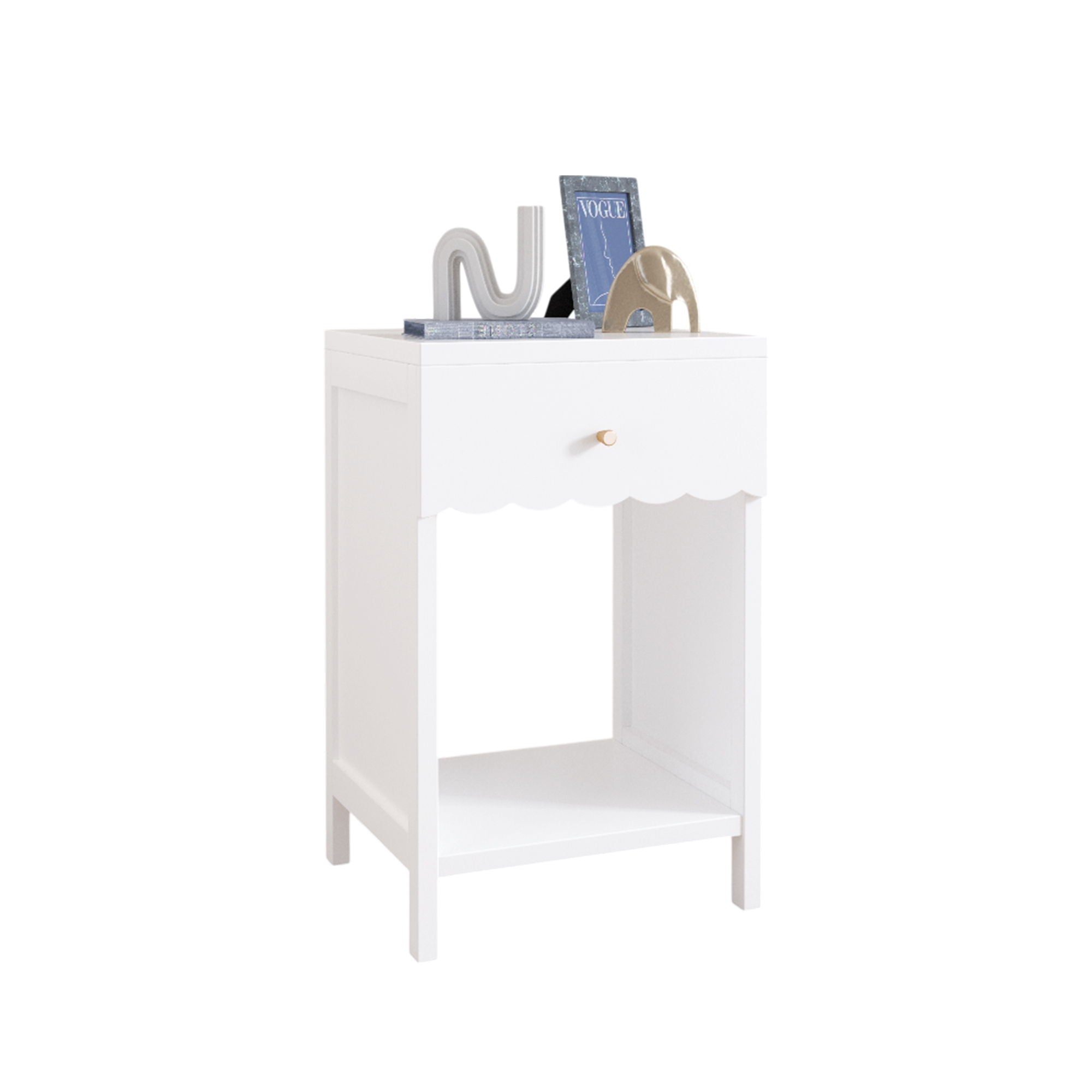 Nightstand With Drawer And Open Shelf, Scalloped Edge Bedside Table