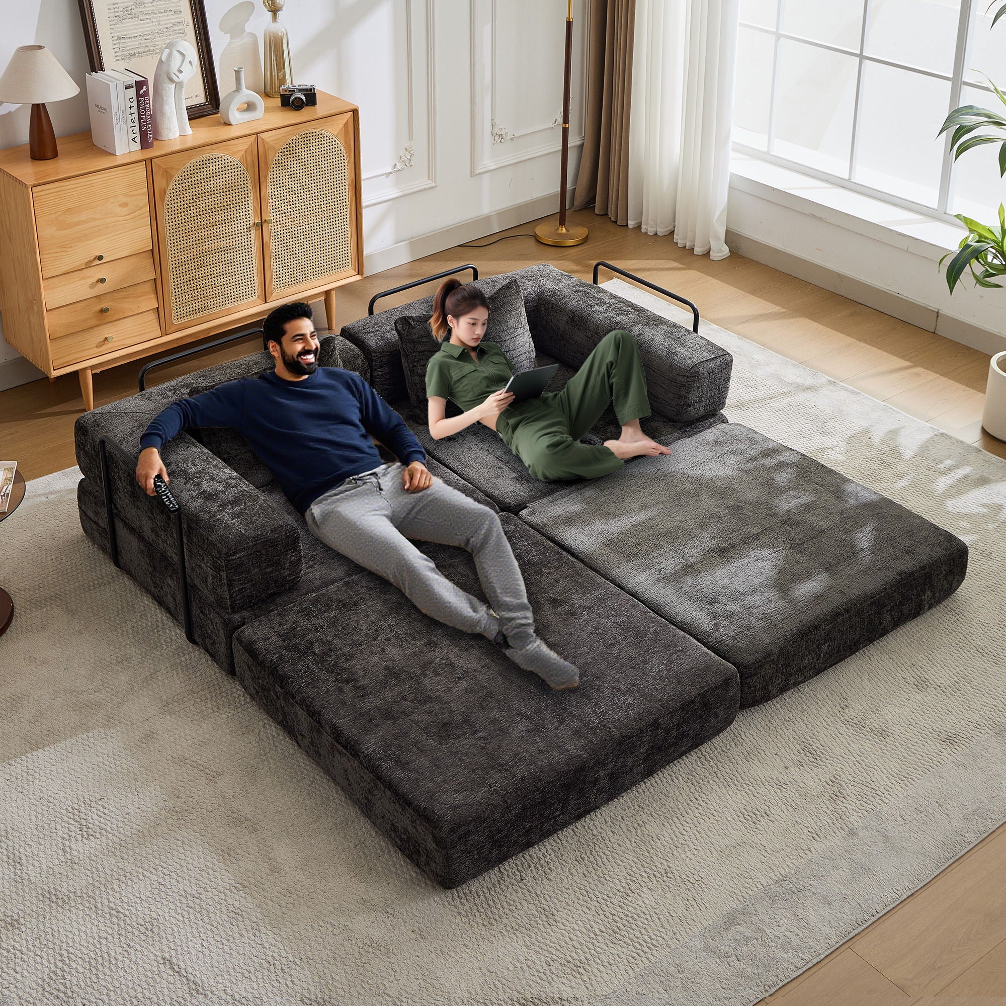 Convertible Floor Sofa Bed With Fixed Shape Frame, Loveseats Boneless Modular Sectional, For Living Room - Black