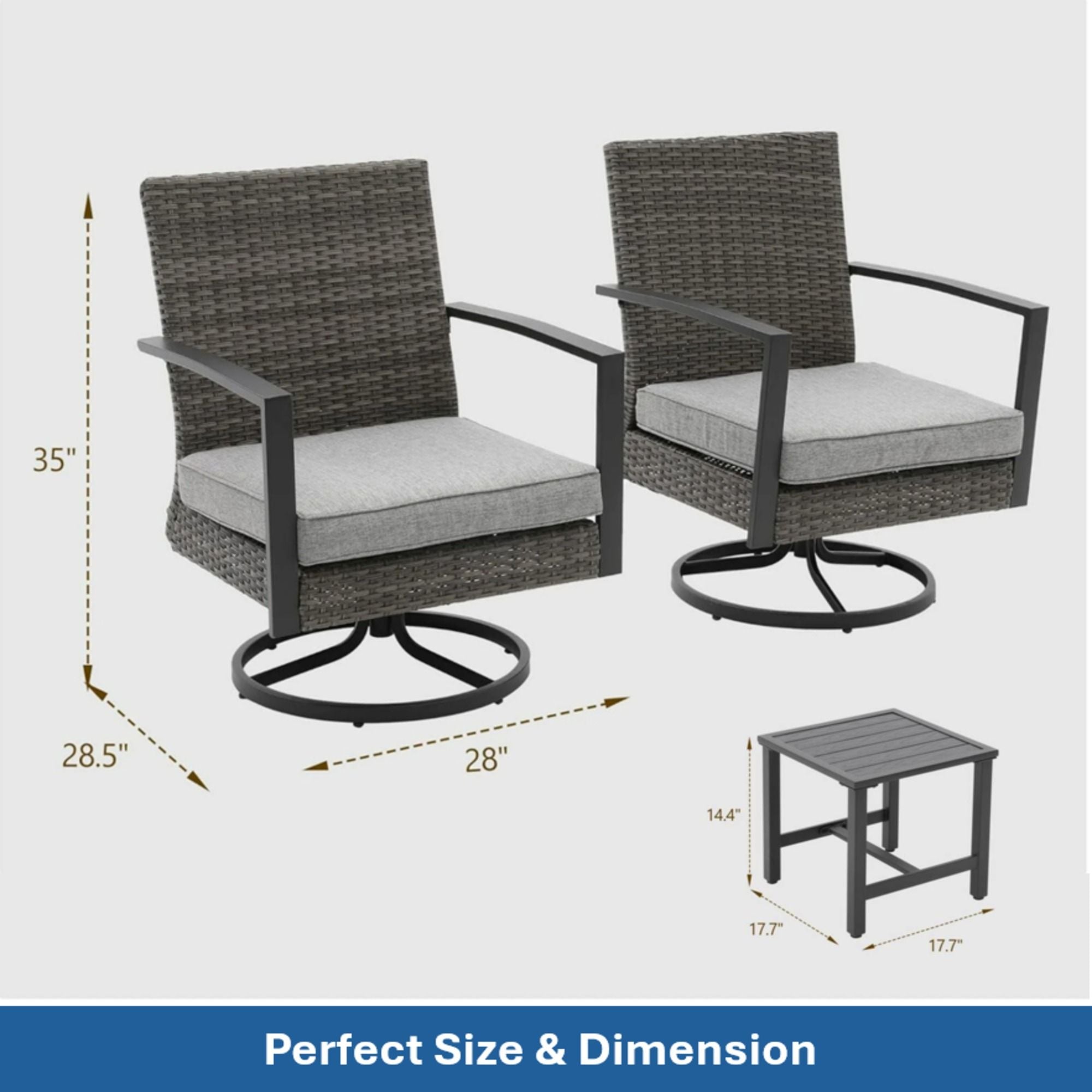 3 Piece Patio Furniture, Swivel Rocker Bistro Set With Side Table & Cushions For Porch - Gray