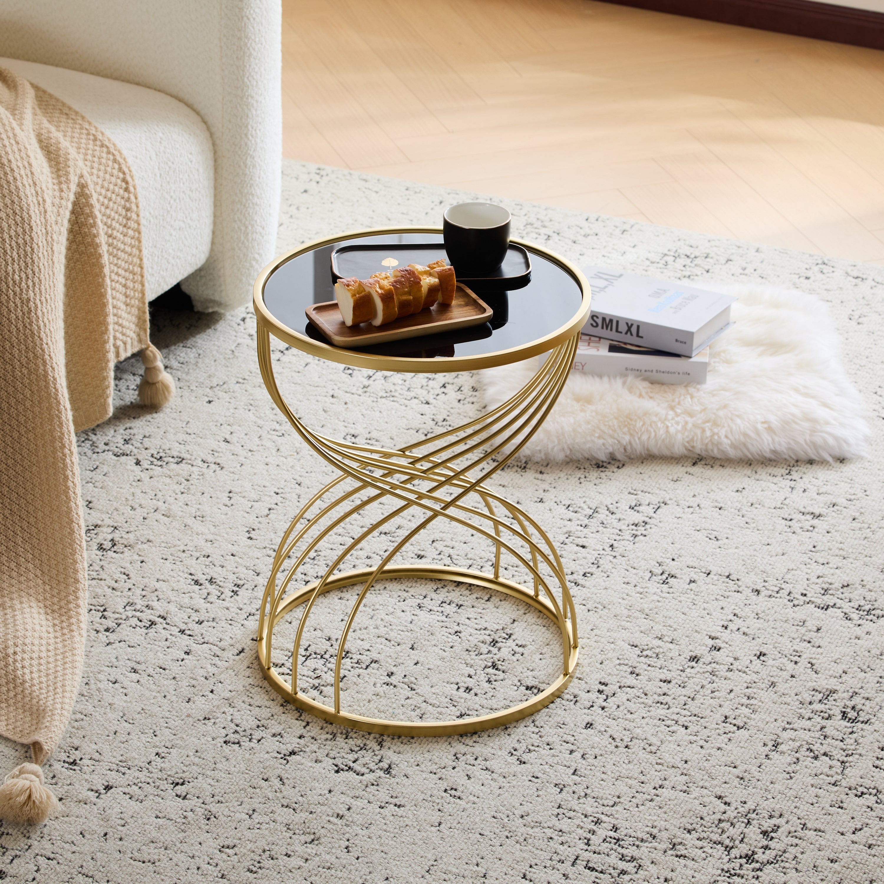 Modern Side Table with Golden Metal Frame and Black Mirror Top