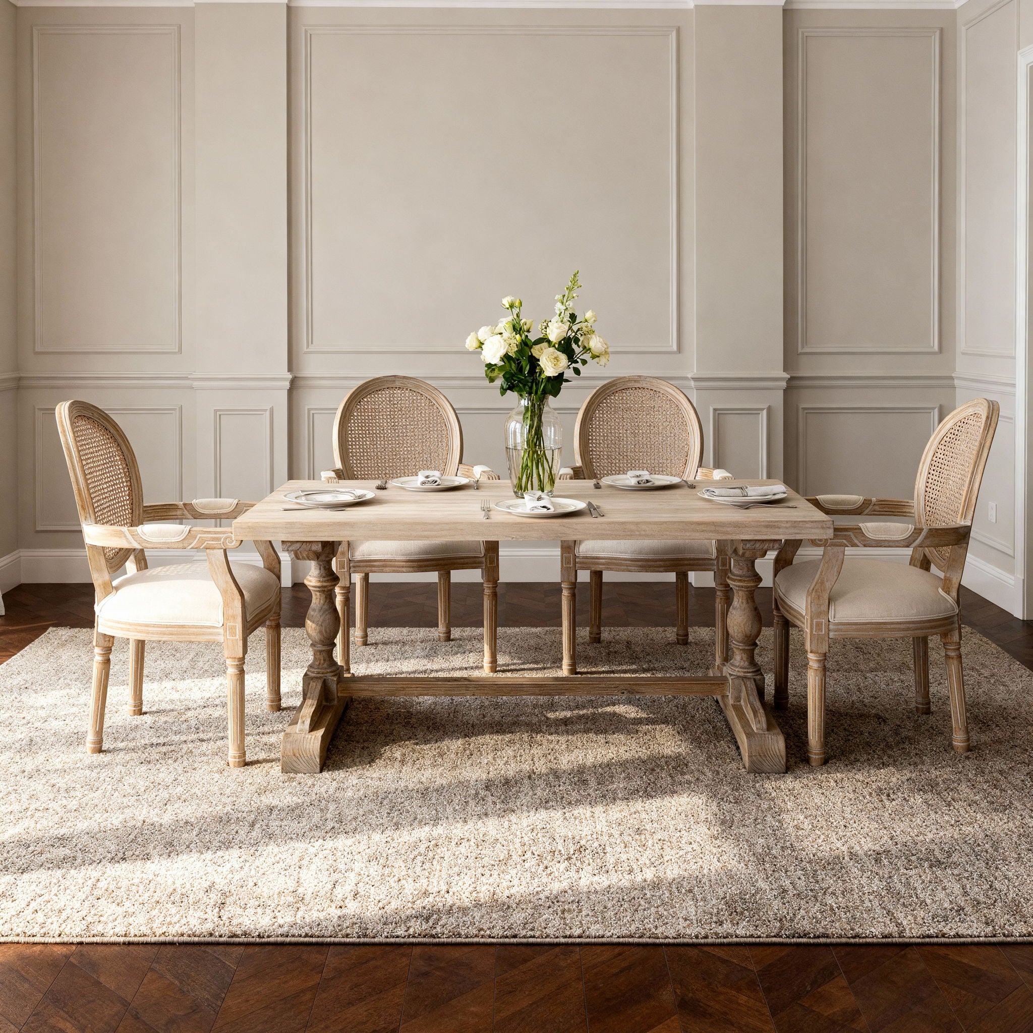 French Vintage Upholstered Fabric Dining Armchair (Set of 2) - Beige