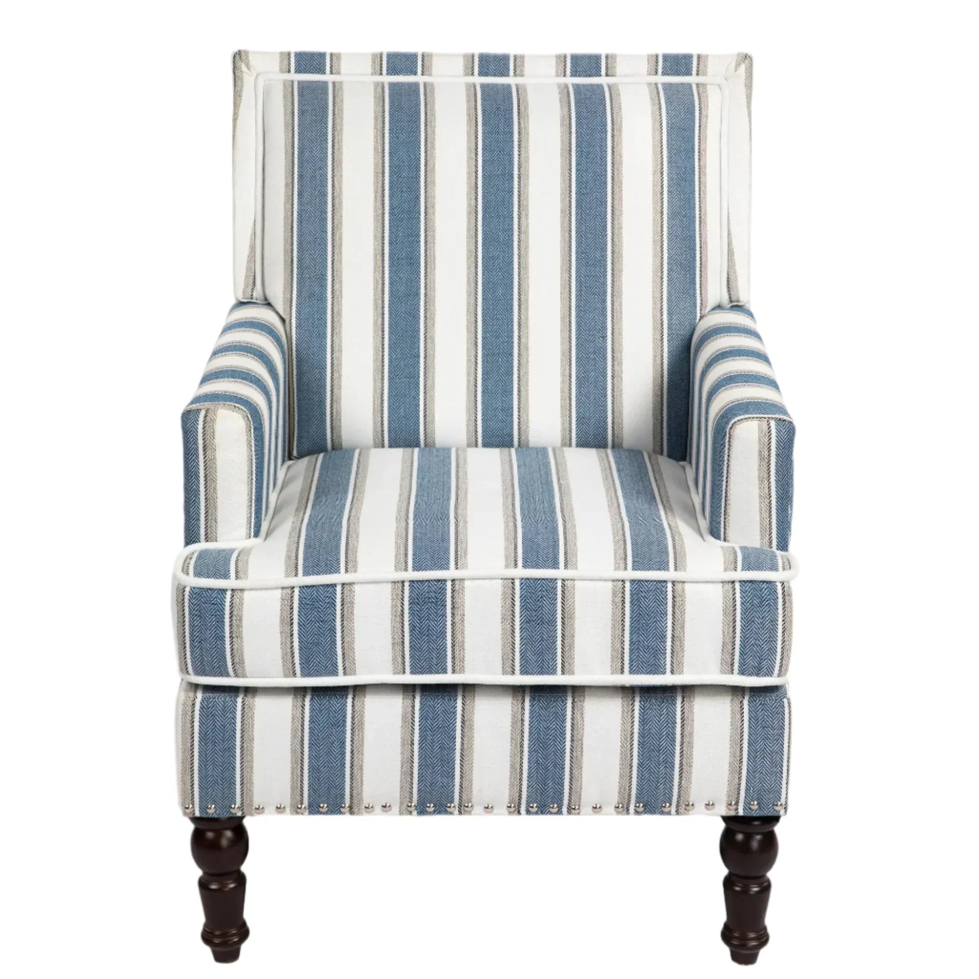 Upholstered Accent Chair with Striped Linen Fabric and Nailhead Trim