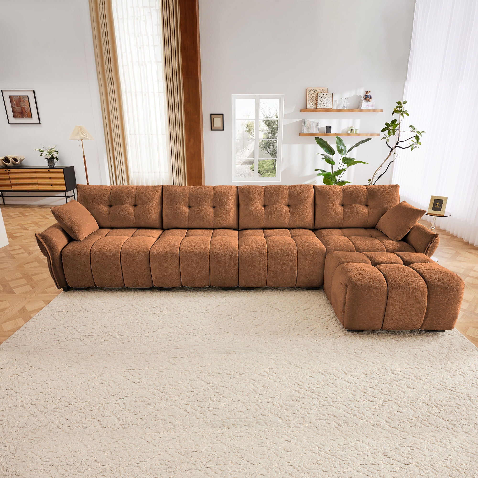 Sofa Set With Ottoman And Pillows, Textured, High Resilience Cushions