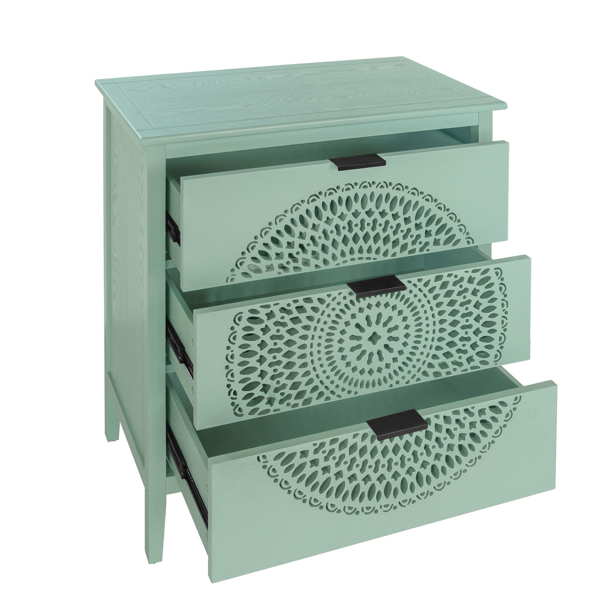 3 Drawer Storage Cabinet With Hollow Carved Design And Metal Handles, Chest For Entryway, Living Room Or Bedroom - Light Green - Best Buy Furniture