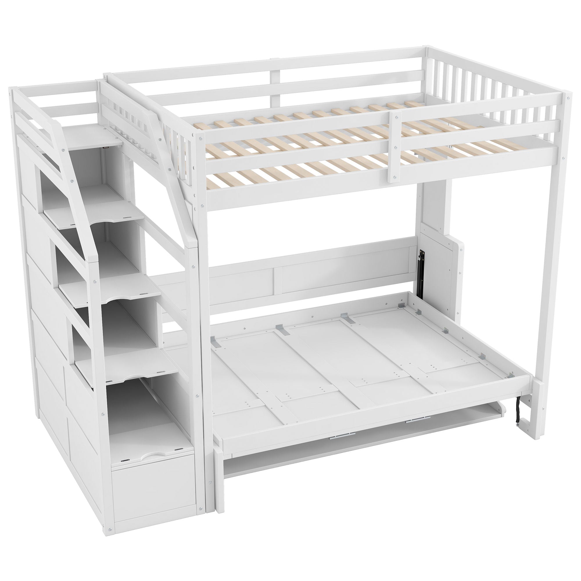 Full Long Loft Bed With Storage Staircase, Murphy Bed, LED Light - White