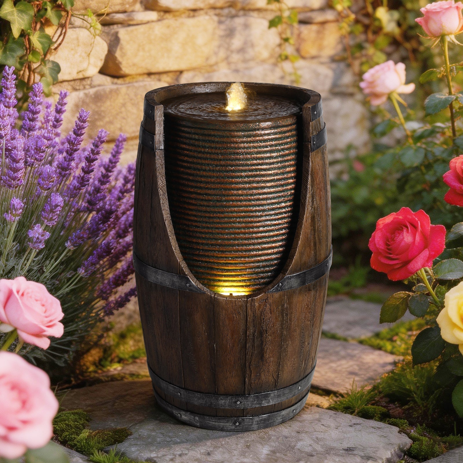 Outdoor Barrel Water Fountain with Lights Rustic Wood Look Resin