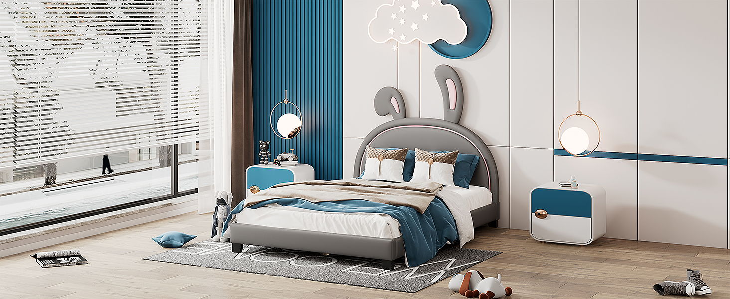 Upholstered Leather Platform Bed With Rabbit Ornament
