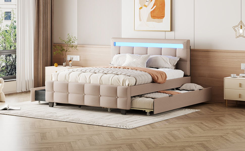 Upholstered Platform Bed With LED Frame, With Trundle And 2 Drawers