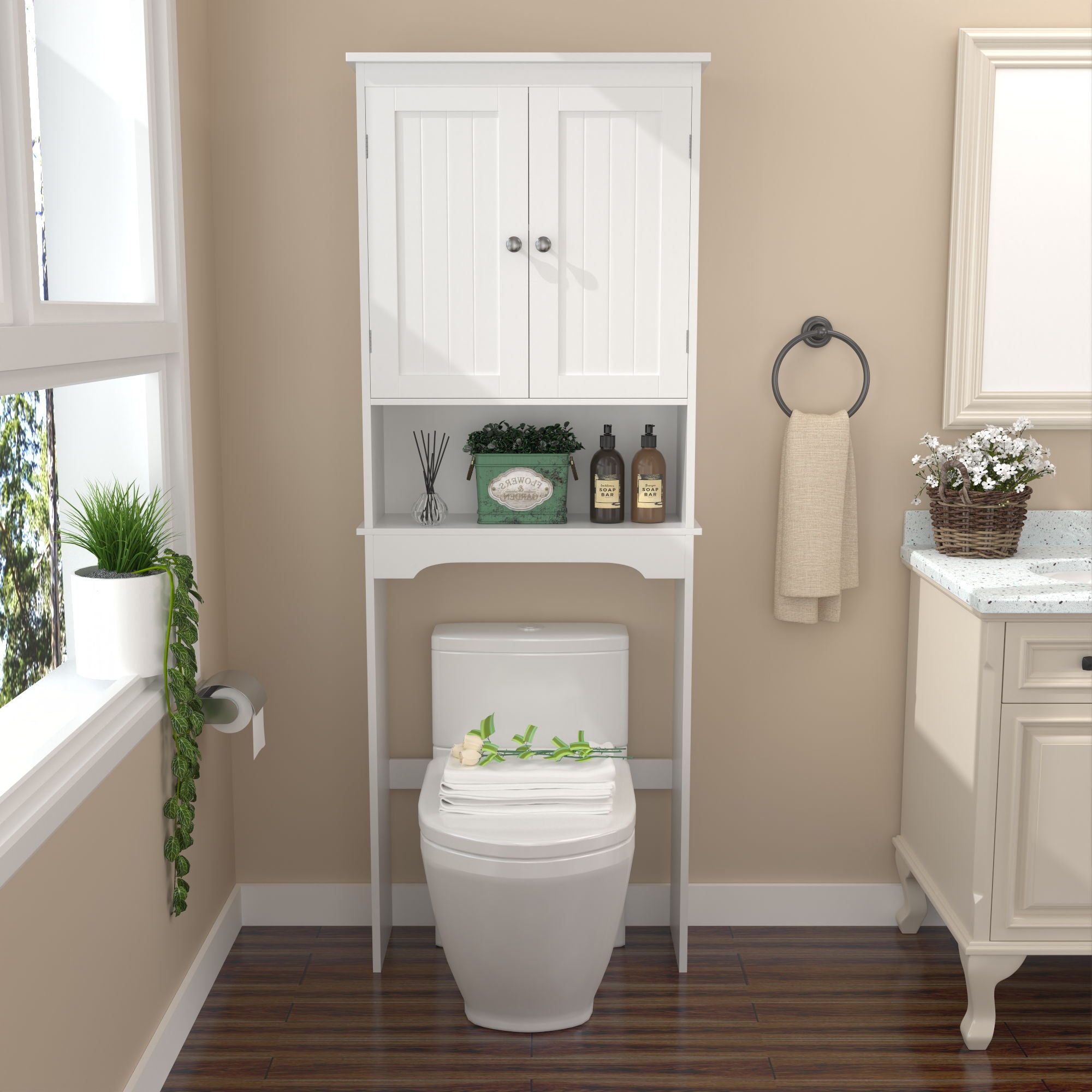 Over The Toilet Storage Cabinet, Bathroom Space Saver With Adjustable Shelf - White