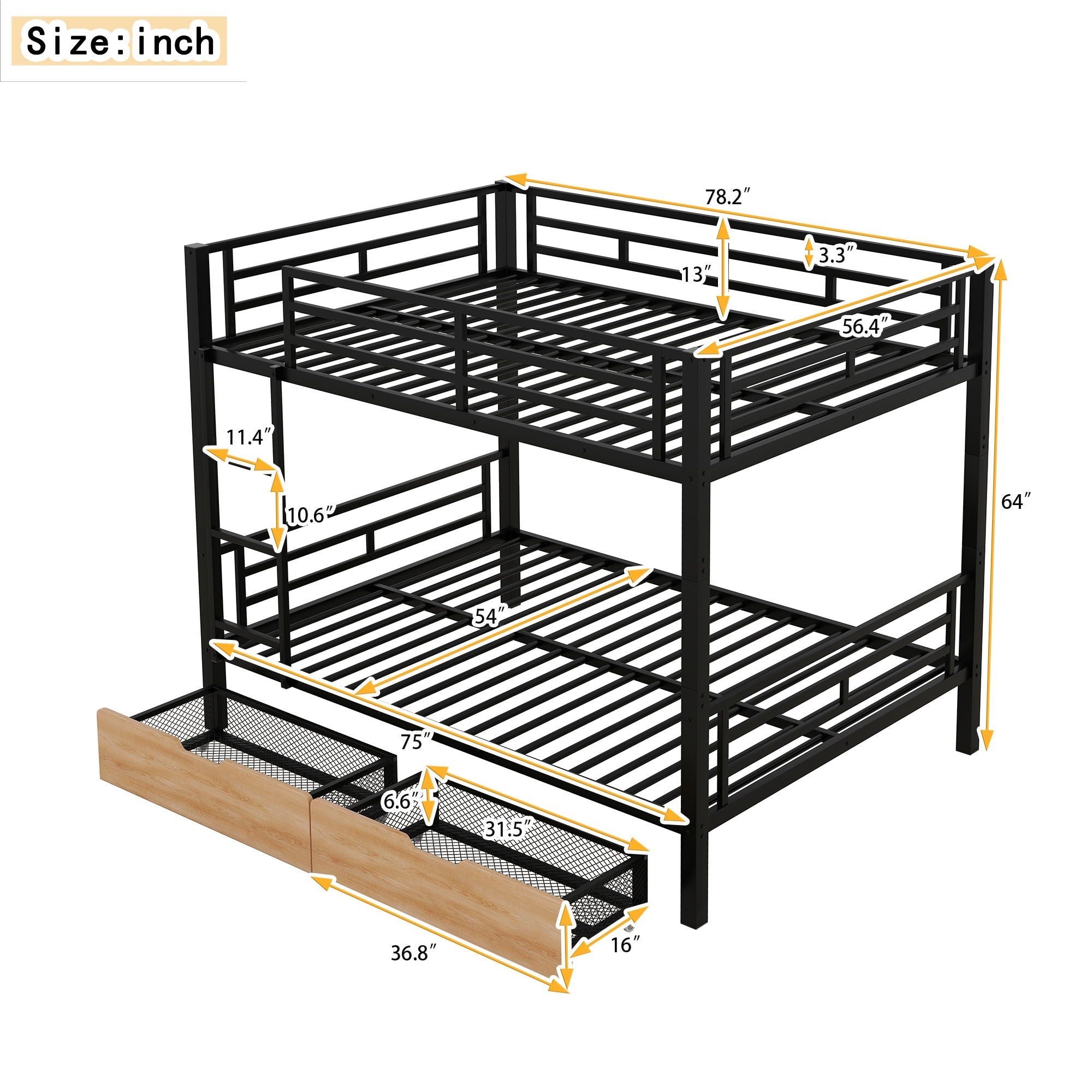 Full Size Convertible Bunk Bed With 2 Drawers Durable - Black