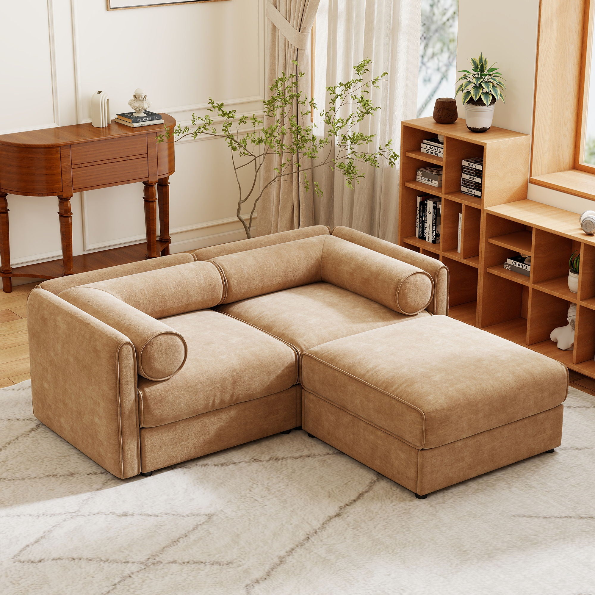 Contemporary Elegant White Chenille Sofa With Storage And Ottoman