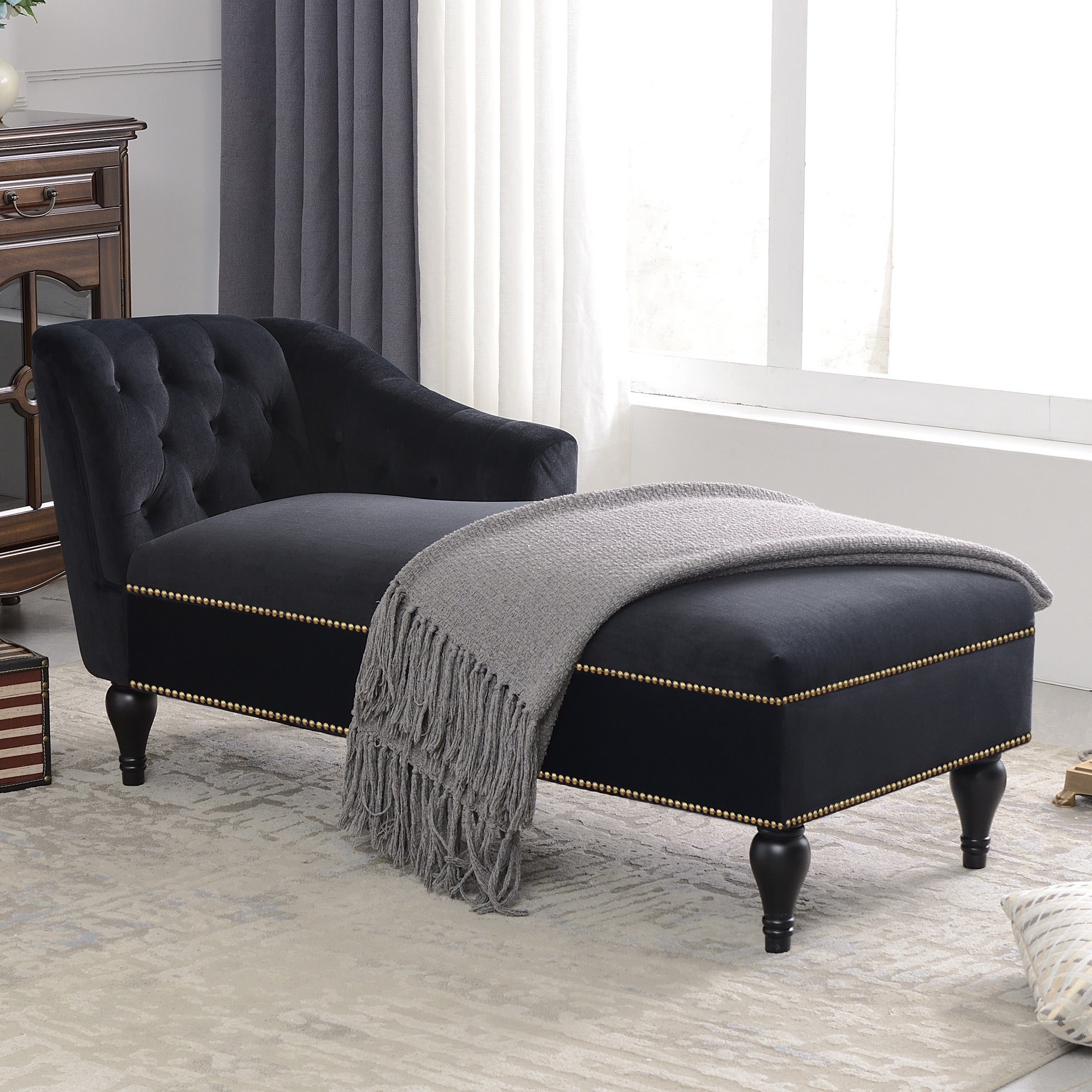 58" Velvet Chaise Lounge with Nailhead Trim and Solid Wood Legs
