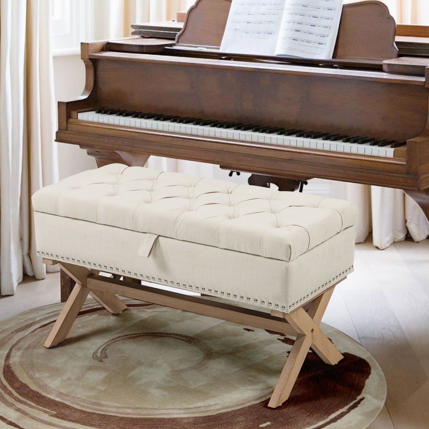 Storage Ottoman, Button-Tufted Ottoman Linen Storage Bench, Ottoman With Storage