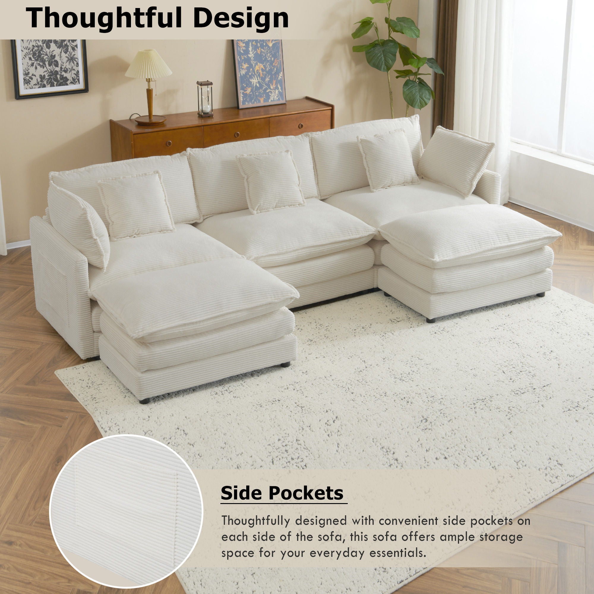 Modern Modular Sectional Sofa With Side Storage Pockets For Living Room