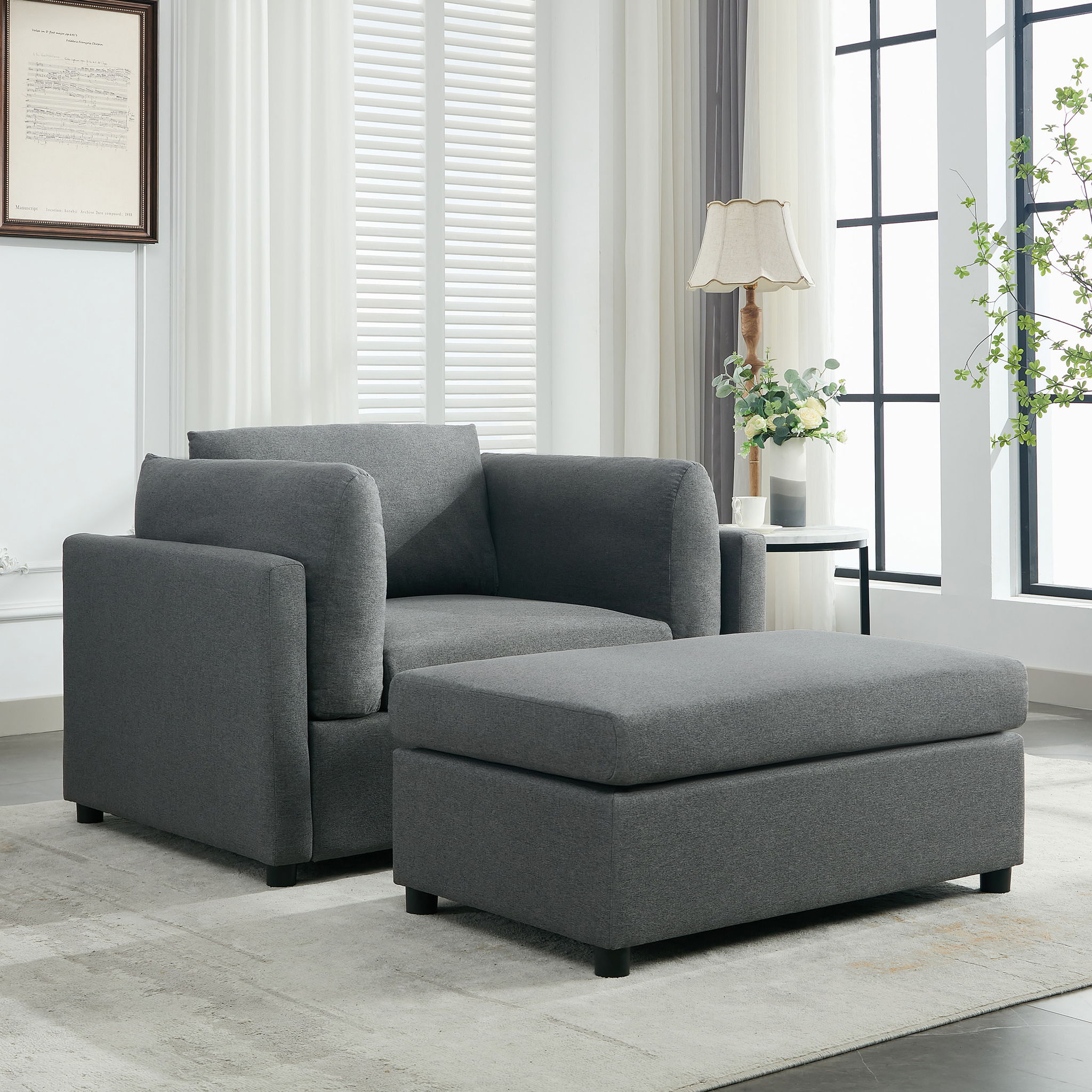 Wide Modern Oversized Armchair With Ottoman Stool, Single Sofa With Lumbar Support, Accent Chair