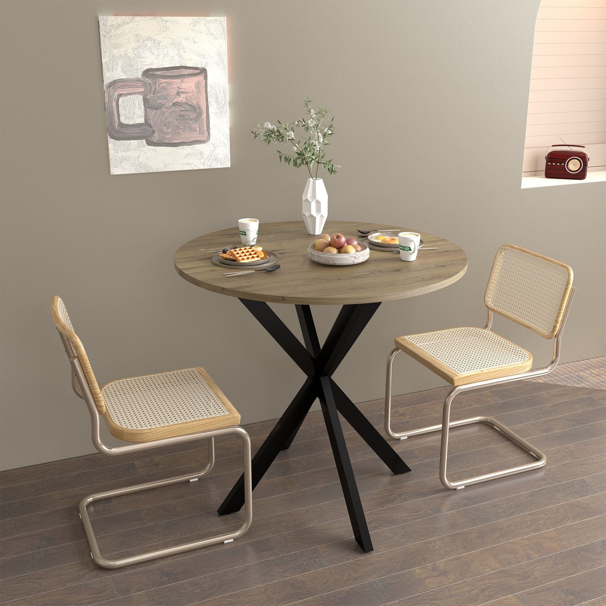 Round Dining Table For 2 - 4 People, Compact Kitchen Or Dining Room - Rustic Brown
