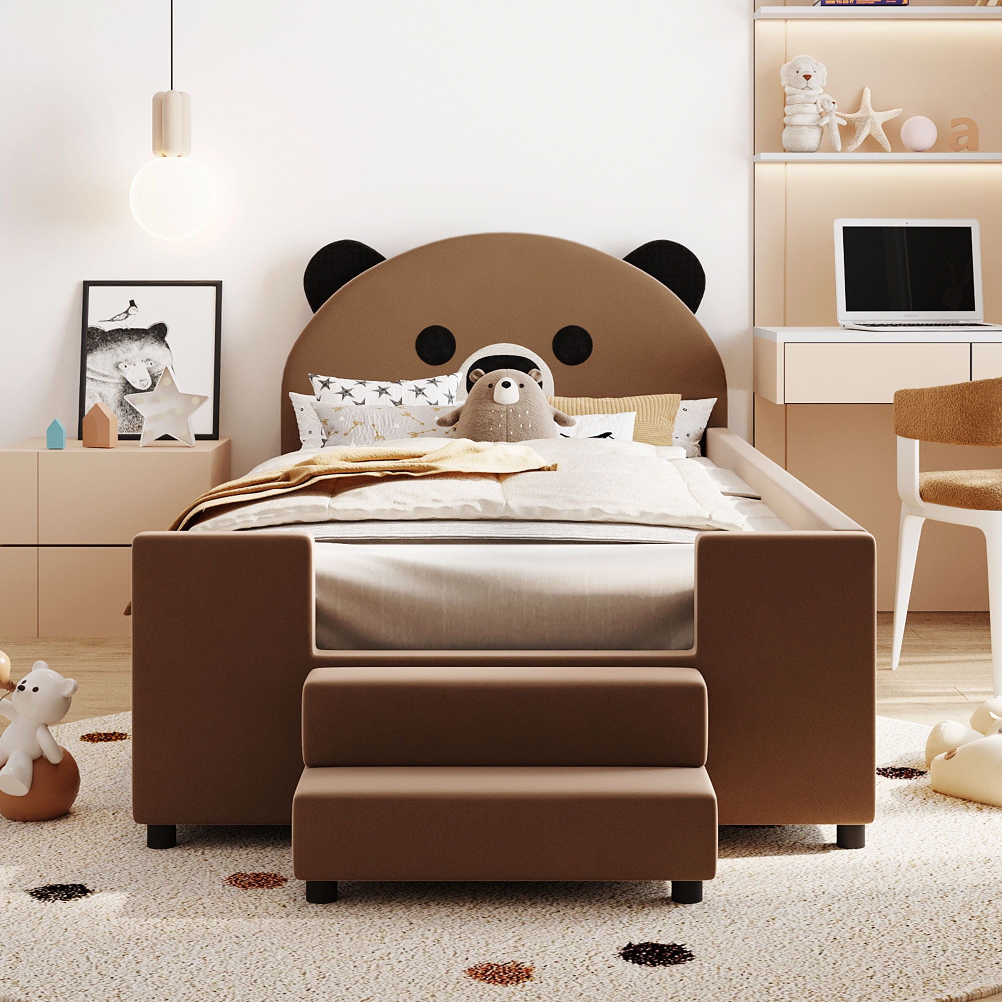 Upholstered Daybed With Bear Shaped Headboard, Hydraulic System And Breathable Mesh Fence