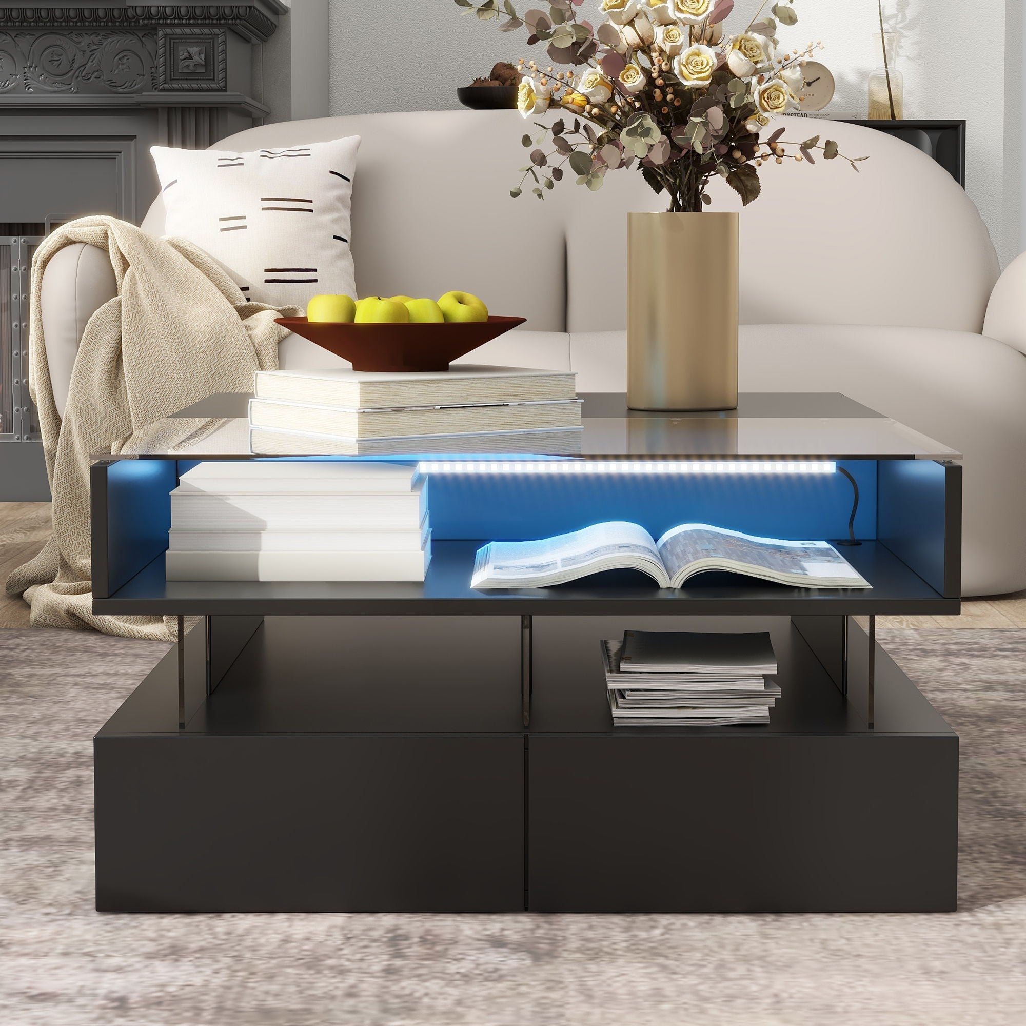 Lift Top Coffee Table With 2 Drawers, Hidden Space And LED Lights For Living Room