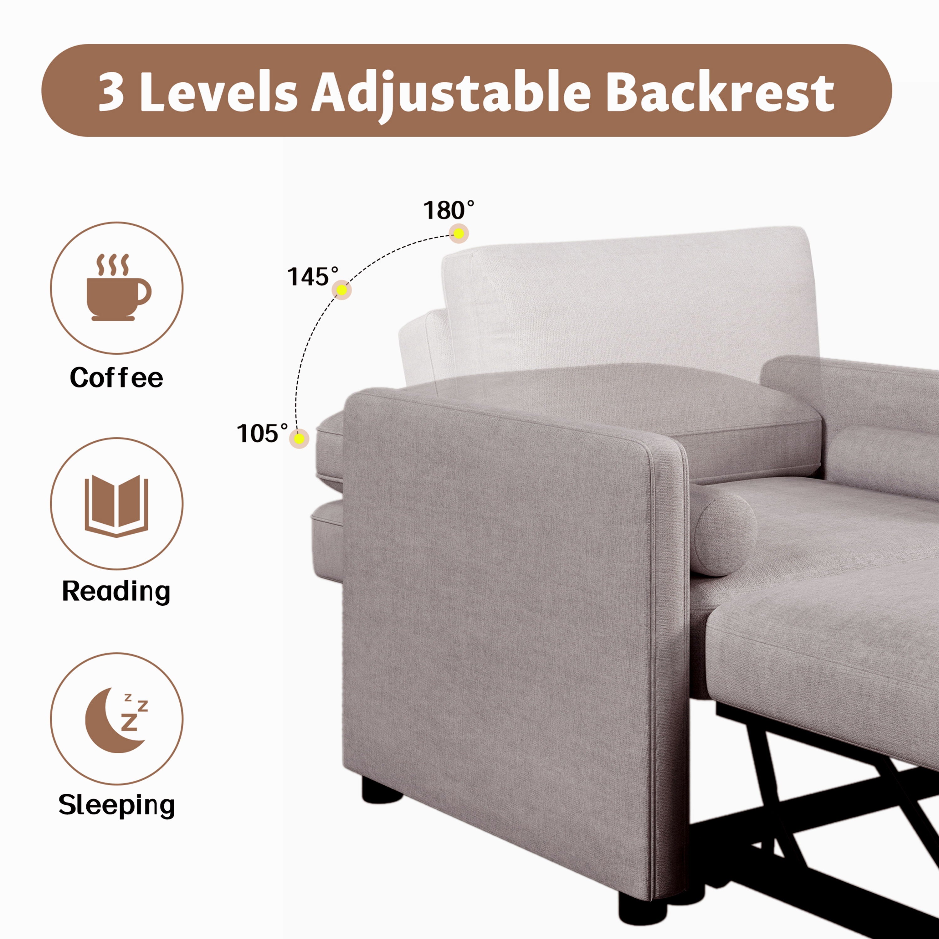 3 In 1 Convertible Sleeper Chair With Adjustable Backrest, Lounger Chair Turns Into Bed