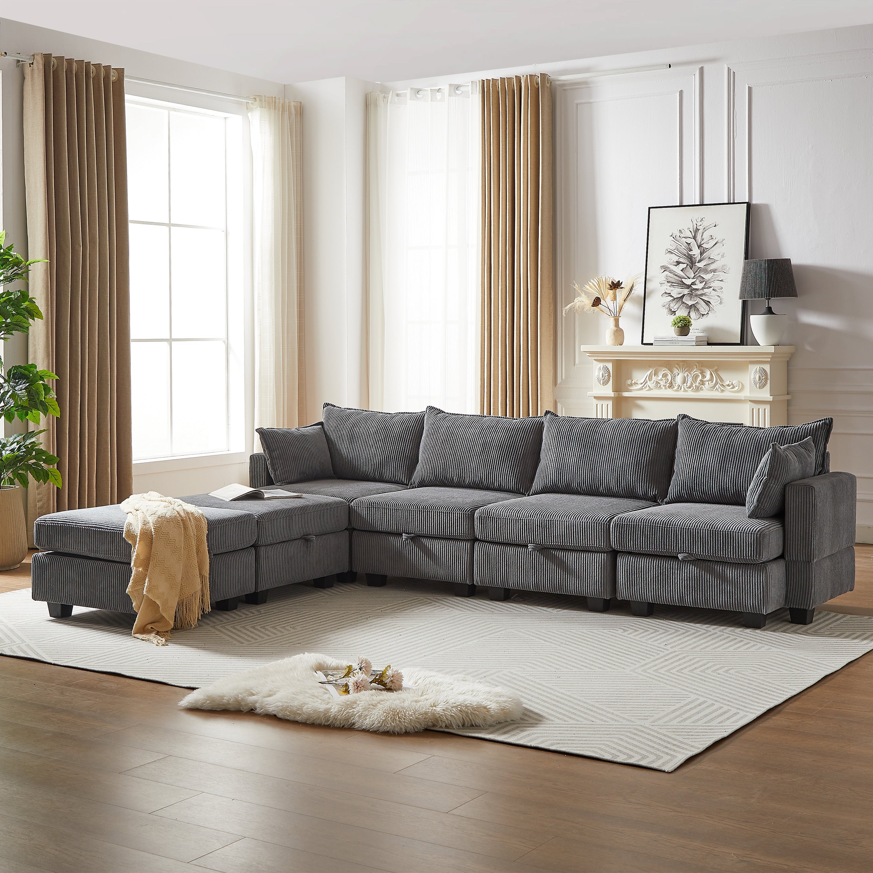 113.5'' Modular Sectional Corduroy Sofa with Storage Ottoman