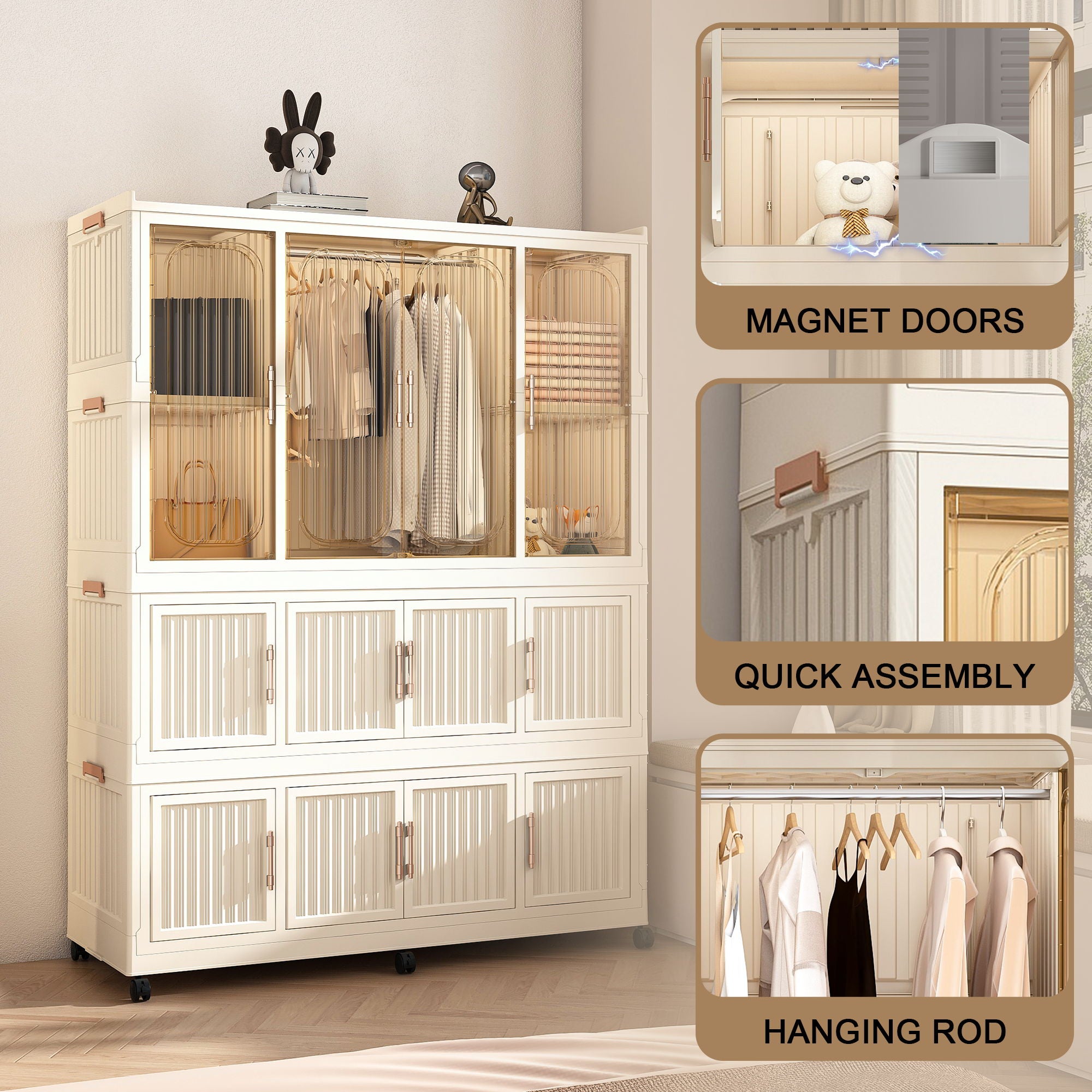 Portable Wardrobe Closet Storage Organizer With 12 Magnetic Doors, 12 Cubes & Hanging Rod - White