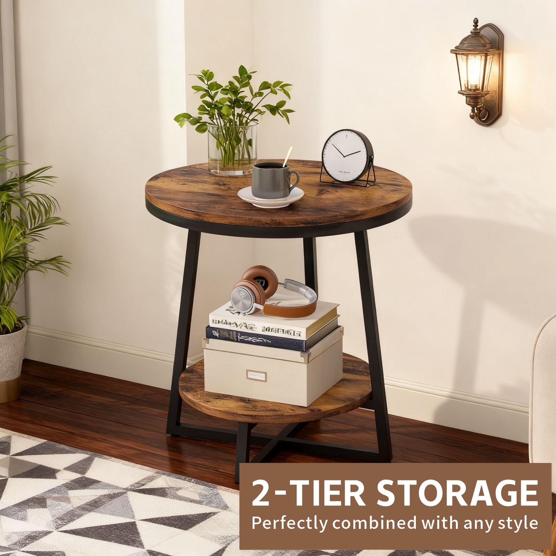 Round End Table With Hairpin Legs, 2 Tier For Living Room - Rustic Brown