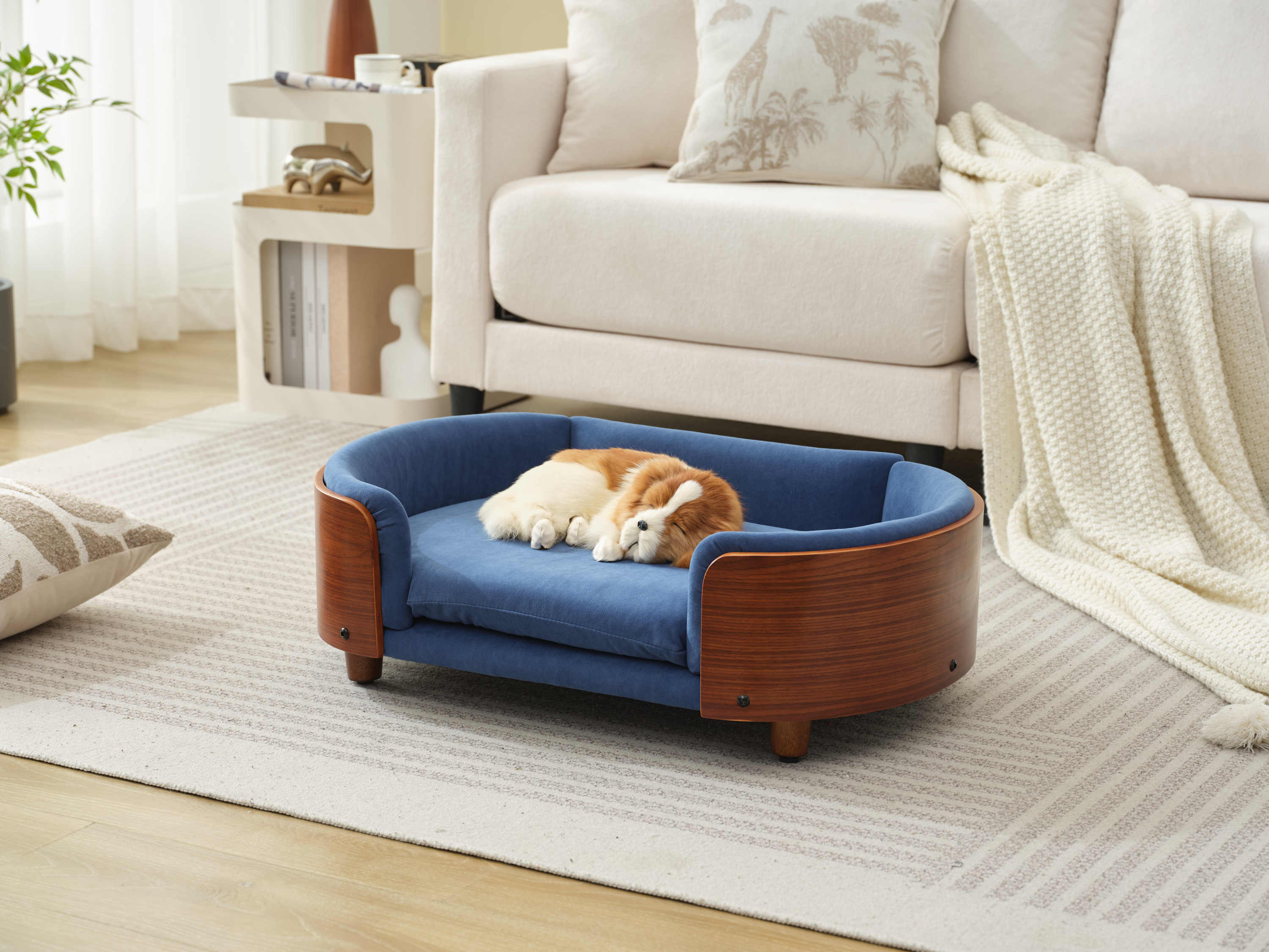 Scandinavian Style Elevated Dog Bed Mid Size Dark Blue Velvet