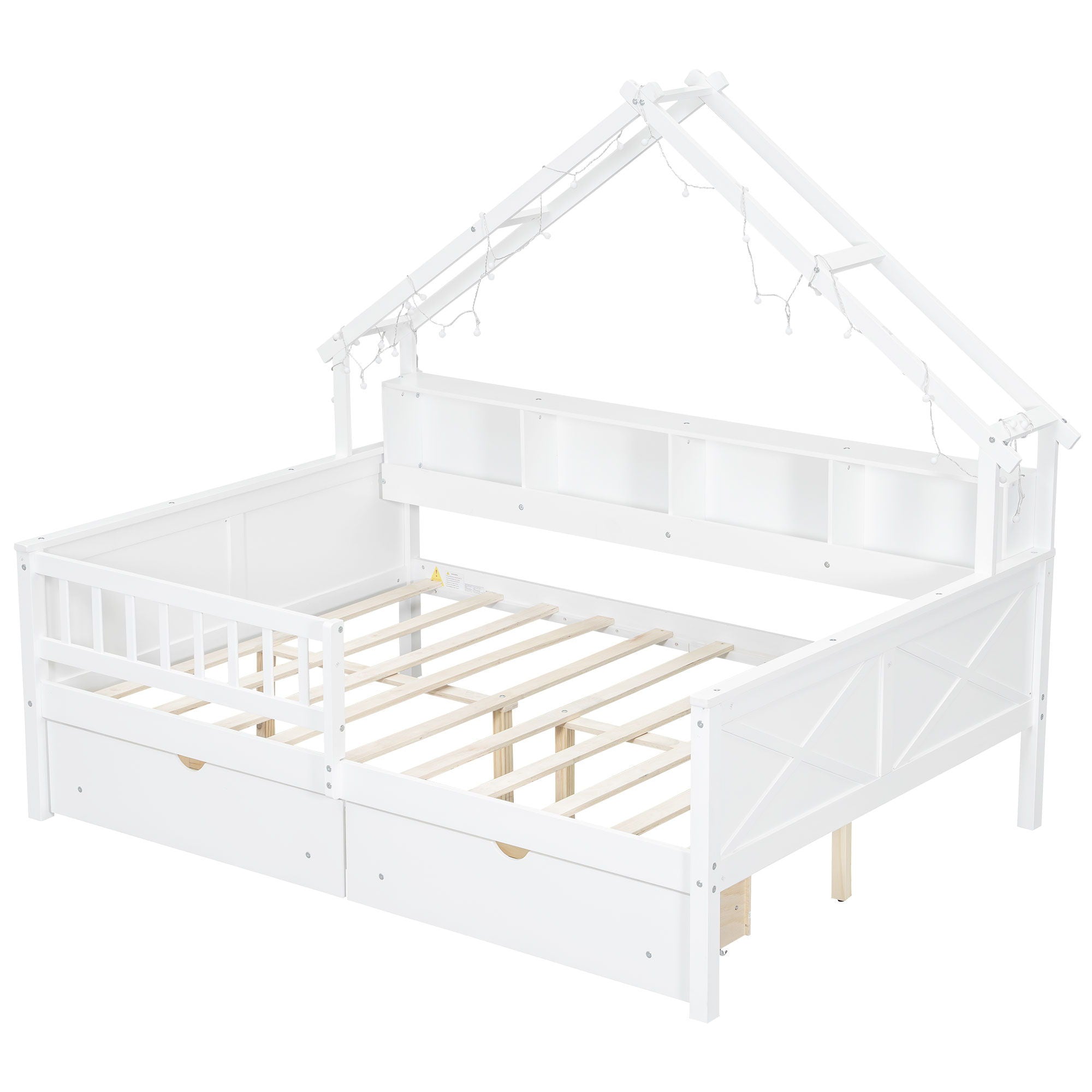 House Style Platform Bed With LED Lights, Storage Shelves, Drawers, And Guardrail