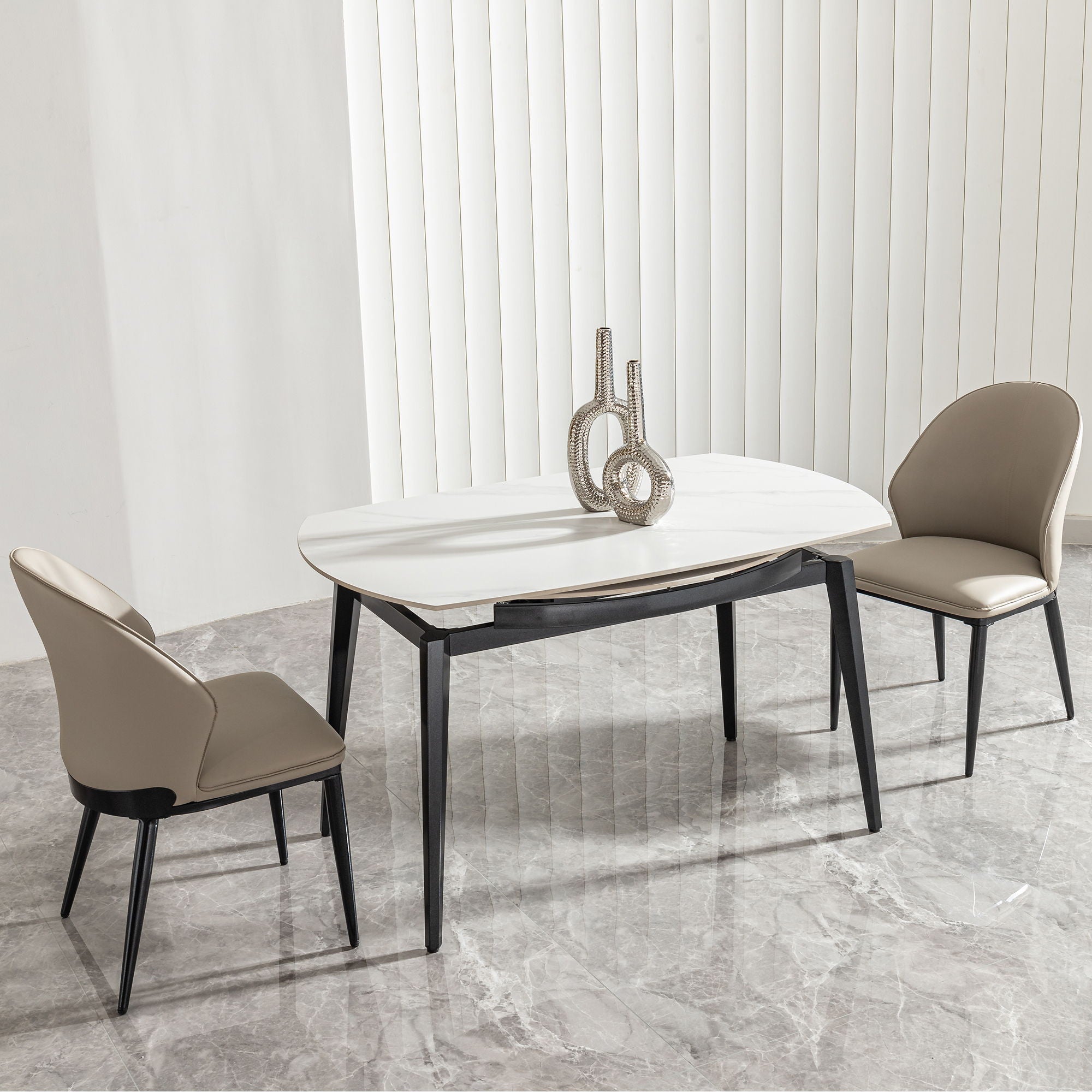 Modern Extendable Round Dining Table With Sintered Stone Top - White / Black