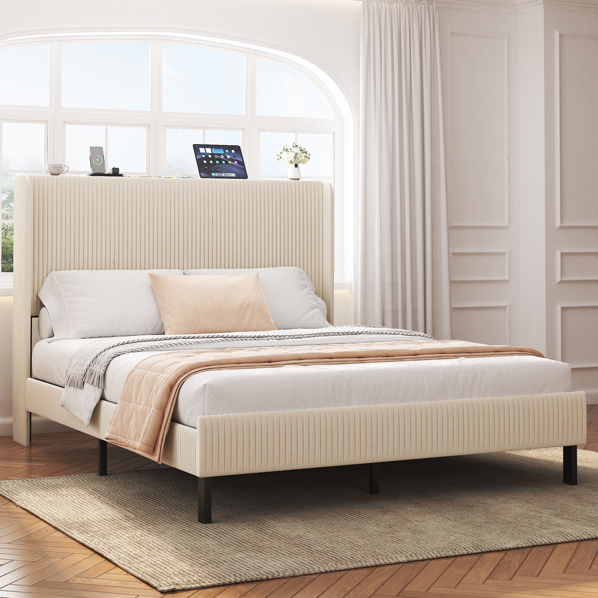 Platform Bed With Metal Frame And Charging Station