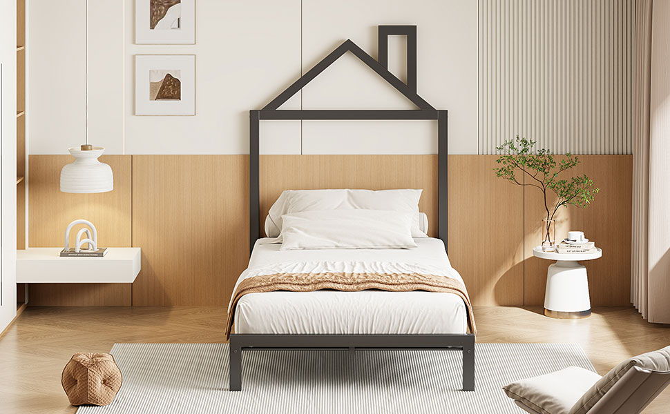 Metal Platform Bed With House-Shaped Headboard Design