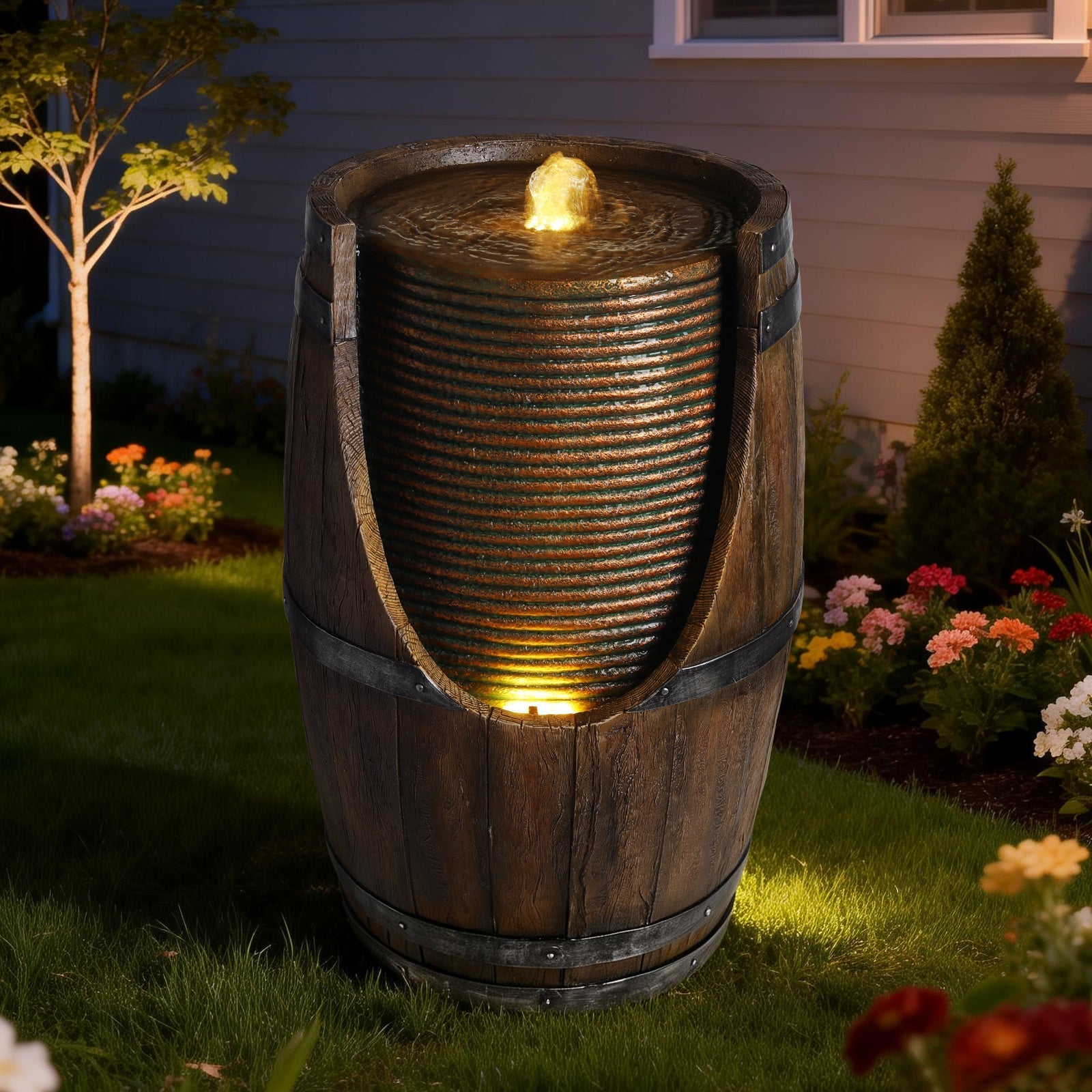 Outdoor Barrel Water Fountain with Lights Rustic Wood Look Resin