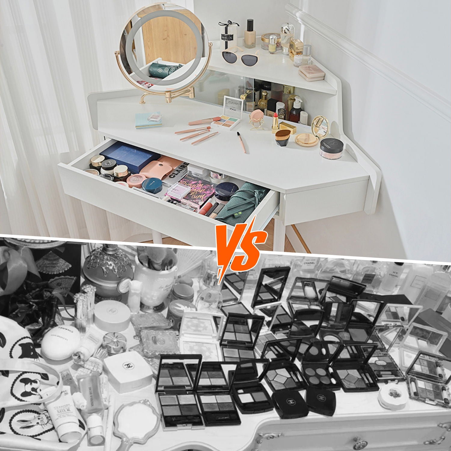 Modern Corner Makeup Vanity Desk With Large Storage, LED Mirror & Stool, Adjustable Brightness, Space Saving - White - Best Buy Furniture