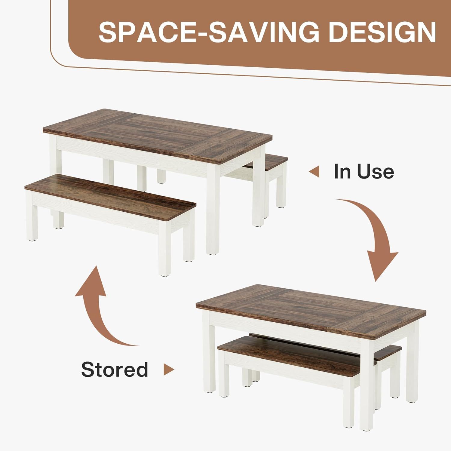 Dining Table Set For 4 - 6 With Tuck Under Benches - Brown / White