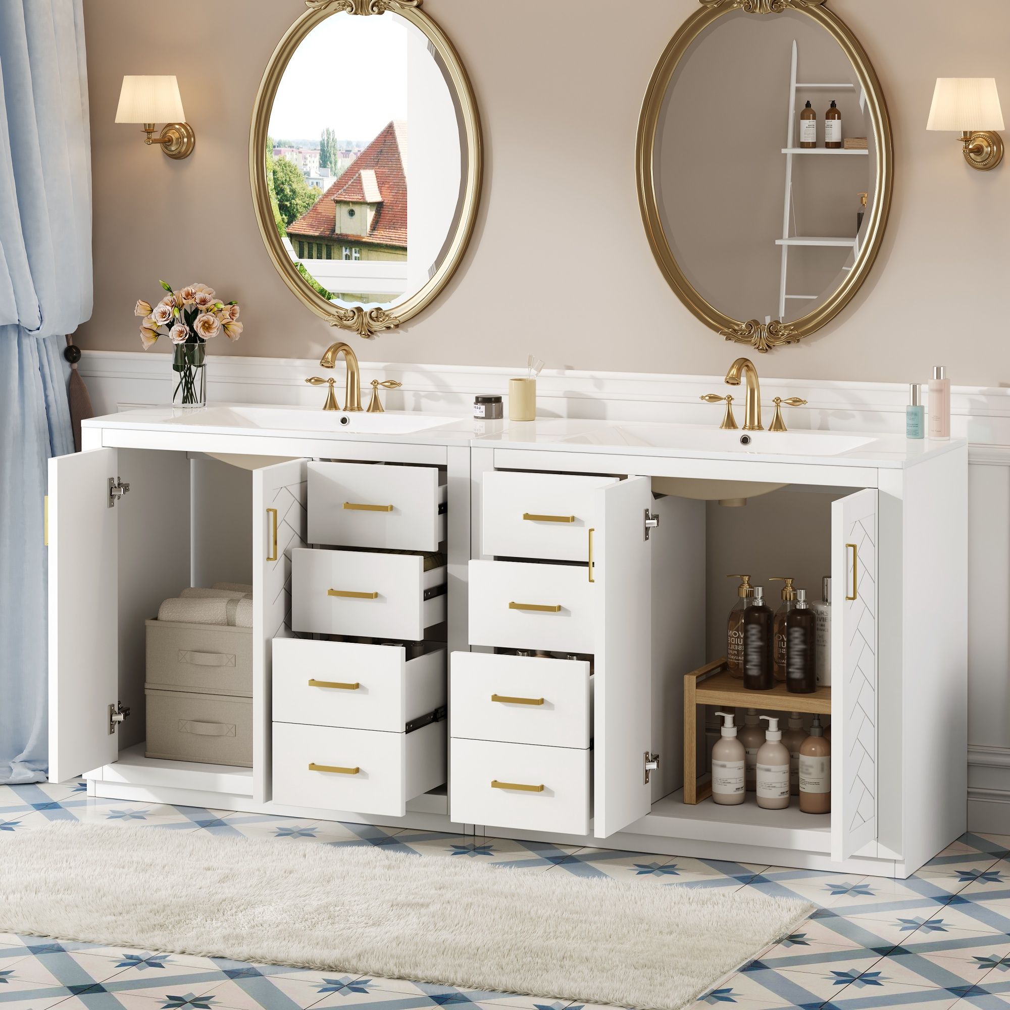 Modern Bathroom Vanity With Ceramic Sink, 6 Drawers & Soft-Close Doors
