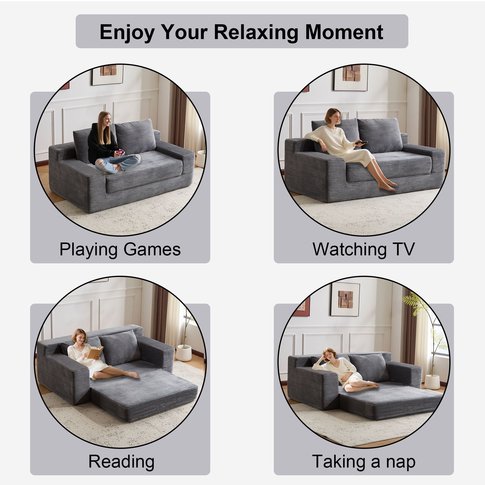 Loveseat Sofa, Comfortable Deep Seat Sofa Bed, Modern Small Corduroy Couch For Living Room Bedroom,Reversible Cushion With Pillows,No Assembly Required,Dark Gray