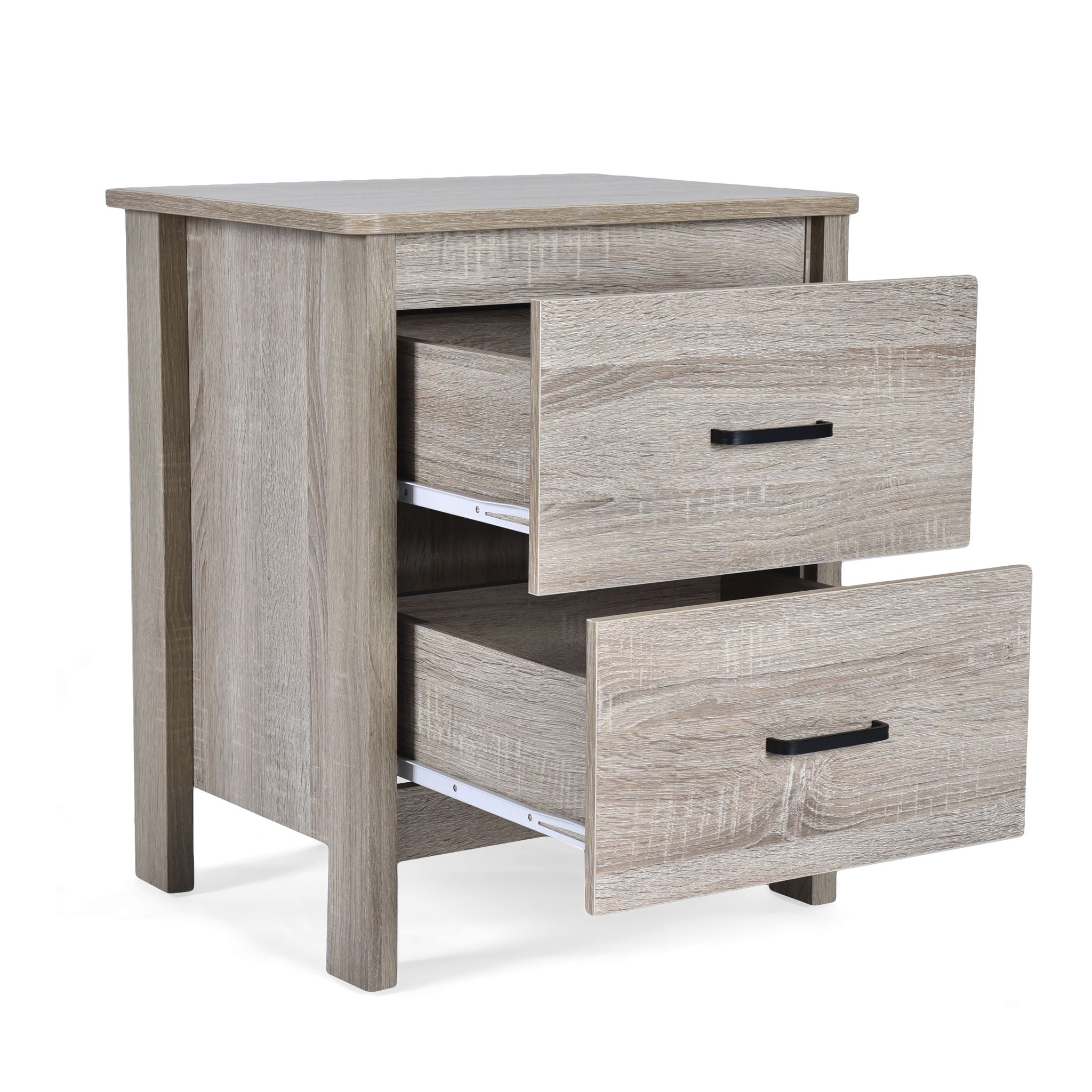Wood Nightstand With 2 Drawers And Metal Handle - Oak