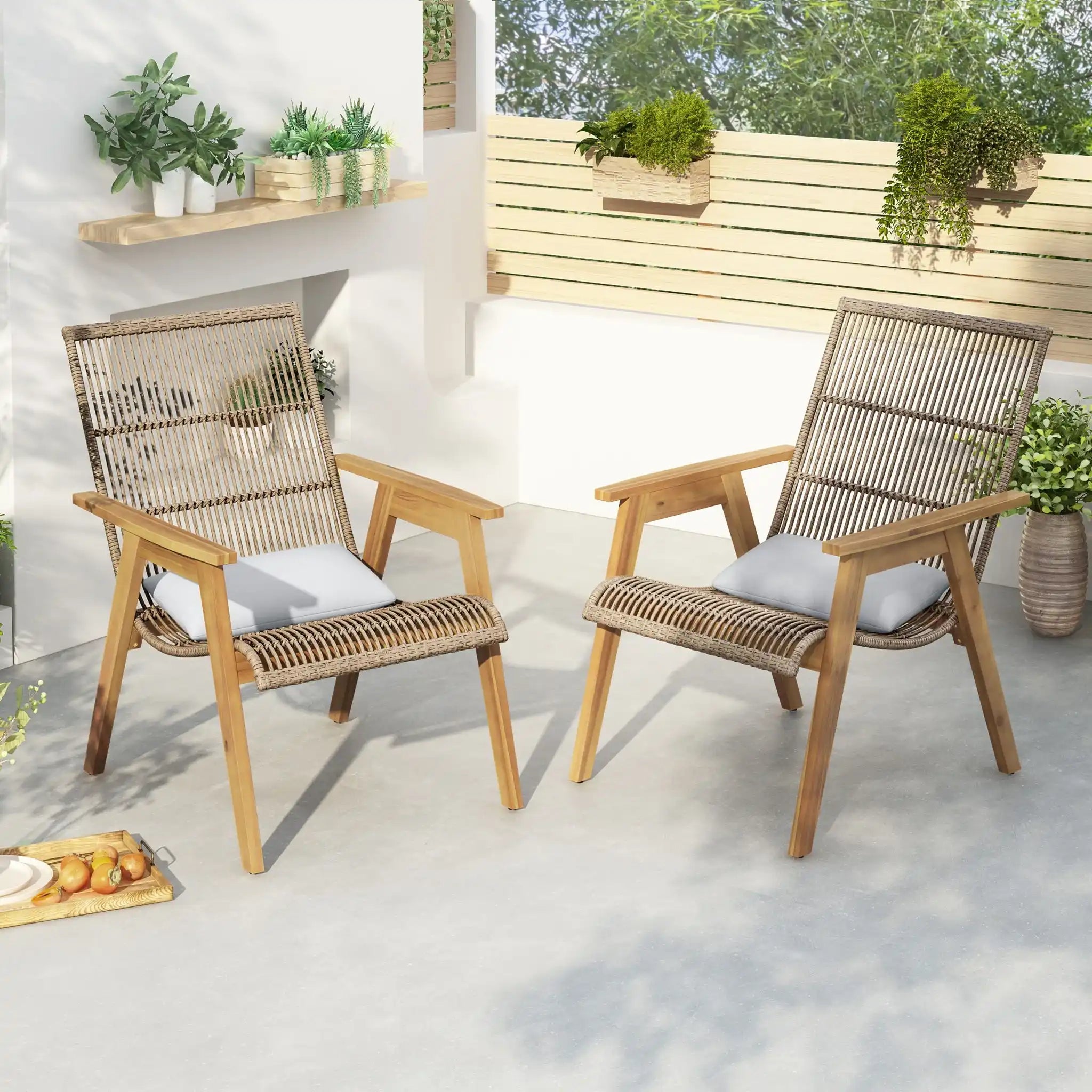 Acacia Wood Cape Woven Wicker Large Lounge Chair With Pillow For Patio, Deck, Yard, Lawn And Garden Seating Wicker (Set of 2) - Teak