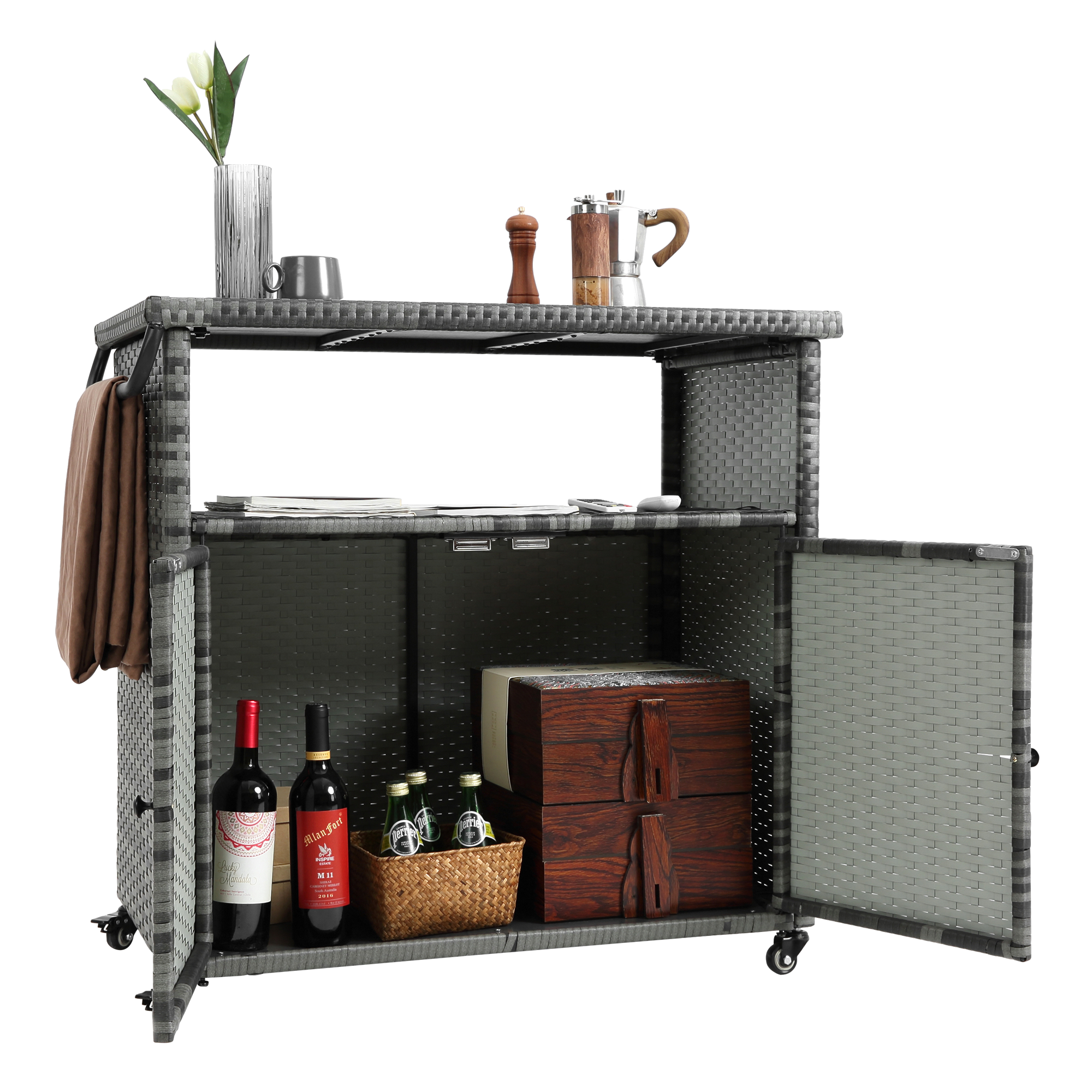 Outdoor Wicker Bar Cart with Glass Top and Wheels