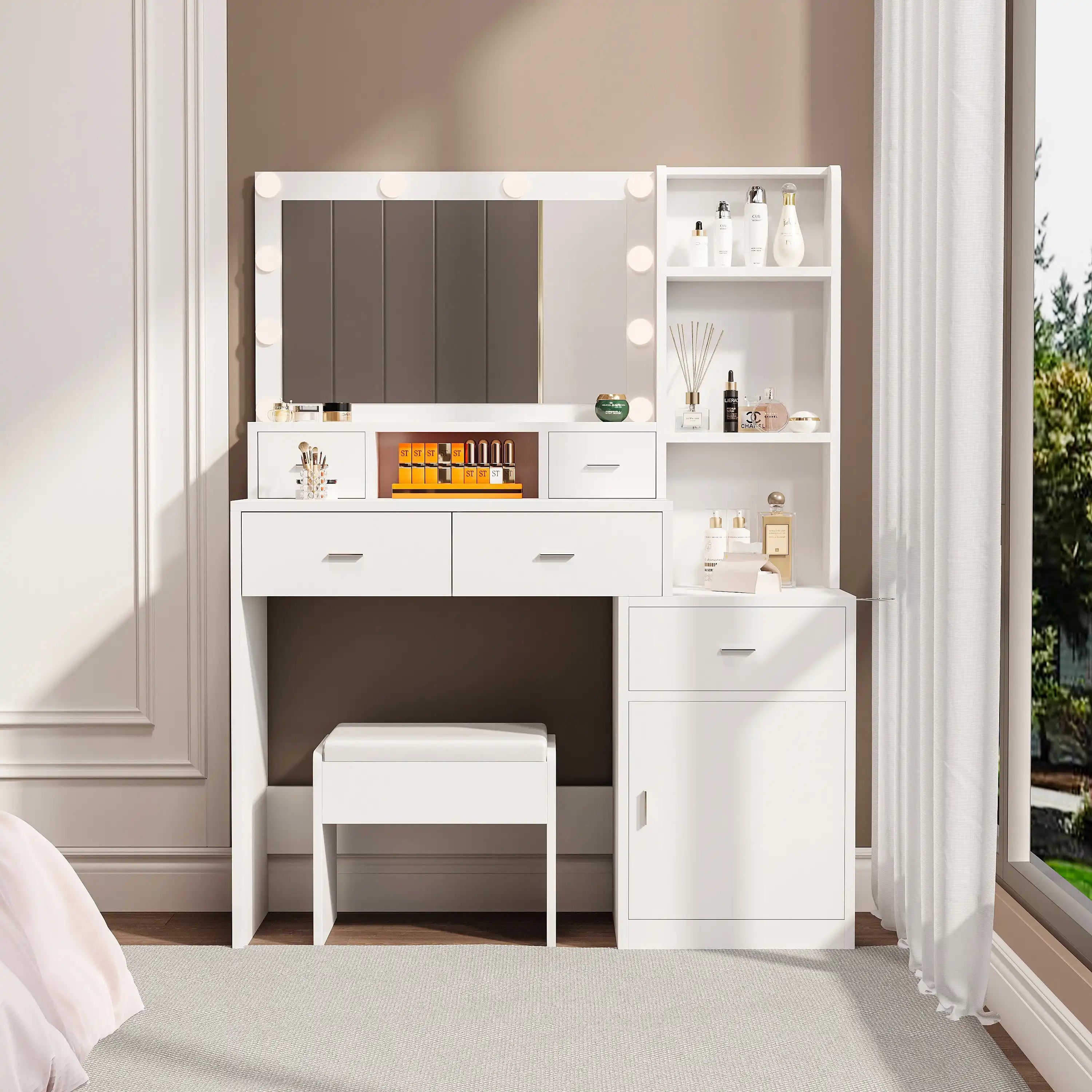 White Vanity with Mirror and Hair Dryer Rack
