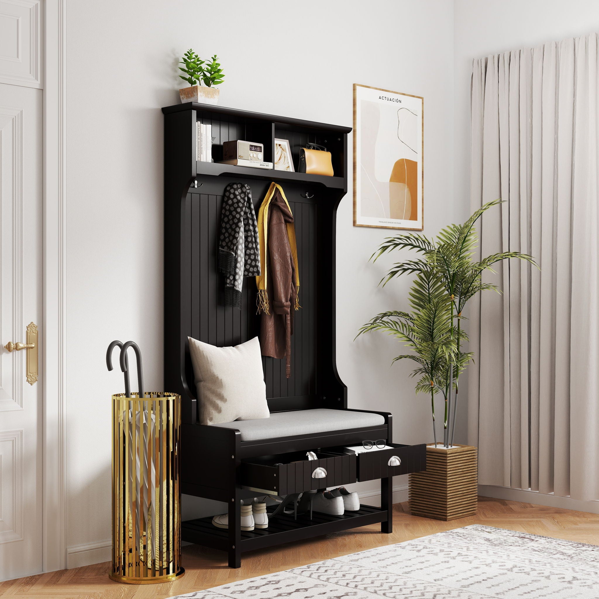 Modern 3 In 1 Hallway Hall Tree With Storage Drawers, Coat Rack, Shoe Rack Bench And Cushion