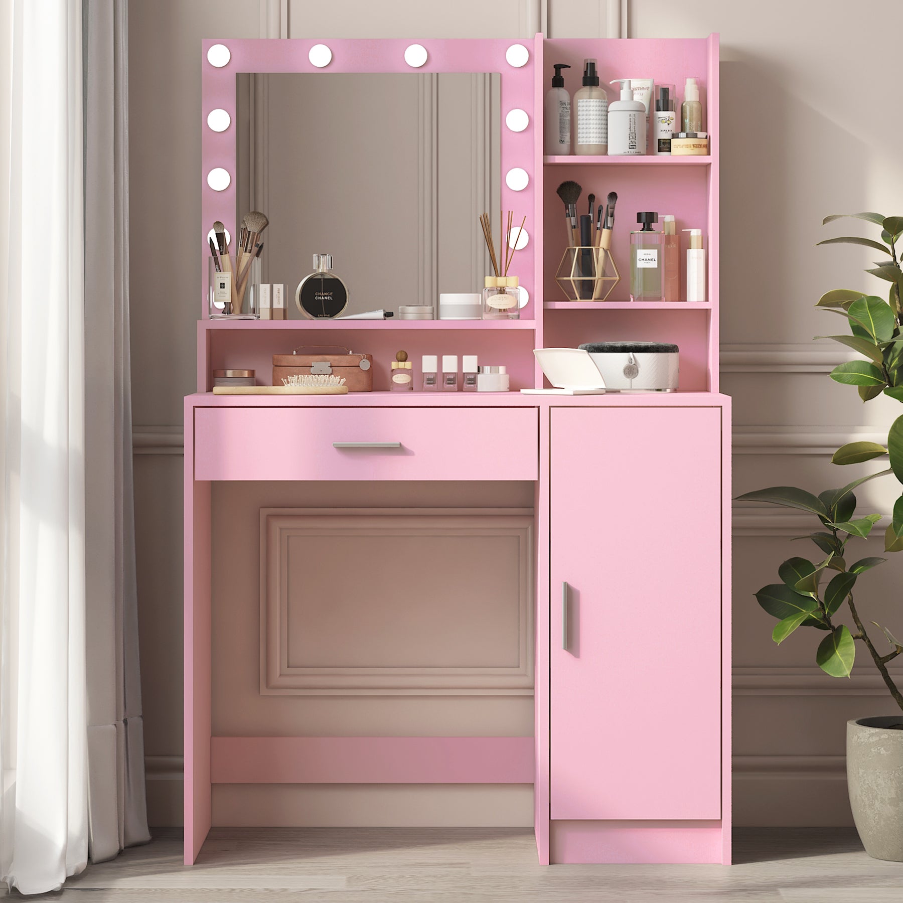 Vanity Desk with Mirror & Light, Pink Dressing Table