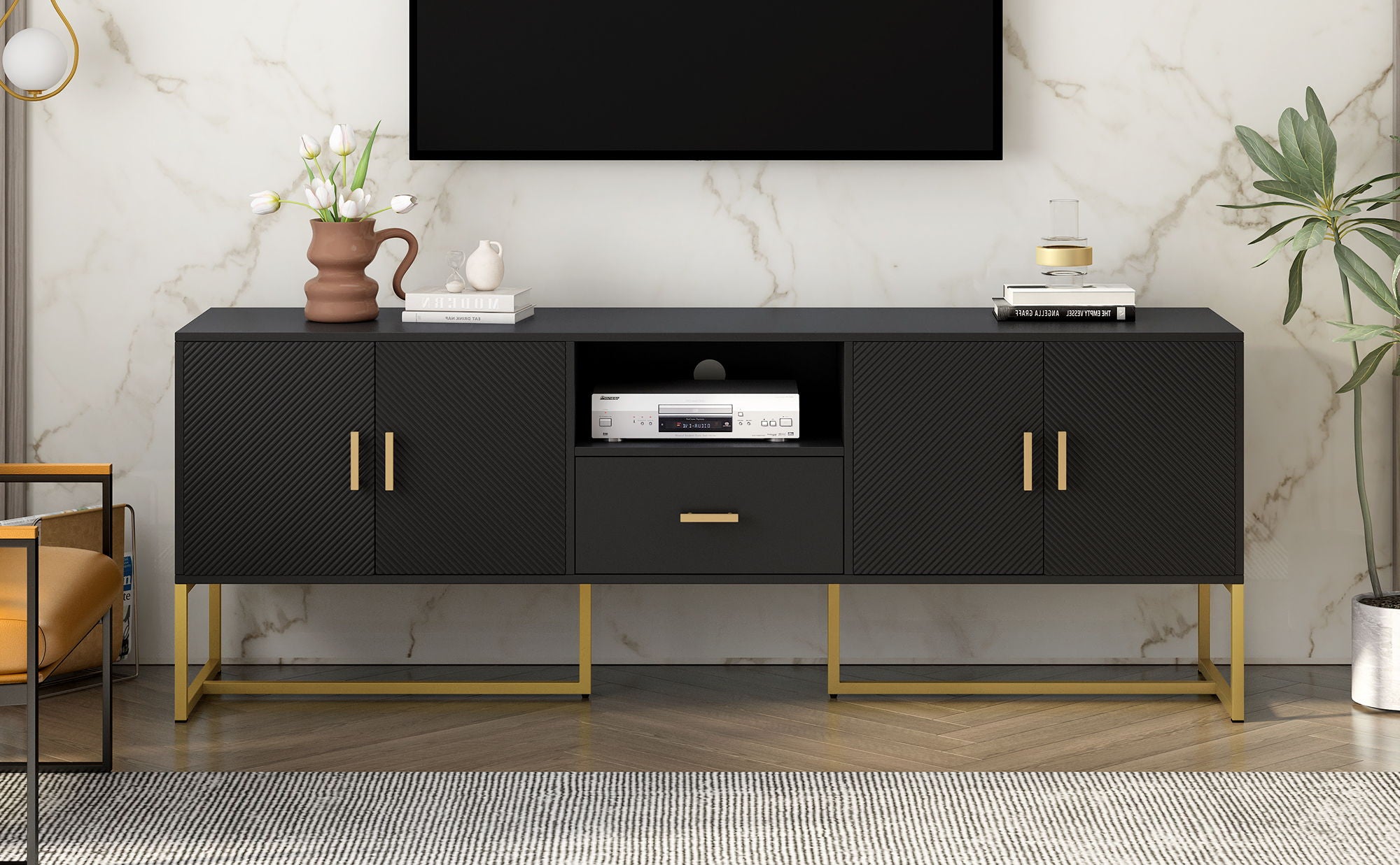 TV Cabinet With 1 Drawer, 2 Cabinets, Handles And Anti-Tip Device