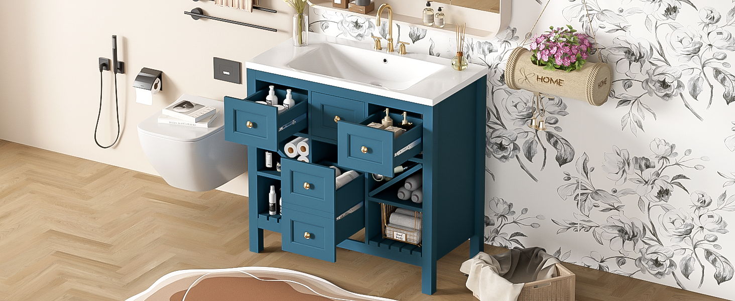 Bathroom Vanity With Resin Sink Combo, Freestanding Vanity Set With 5 Drawers