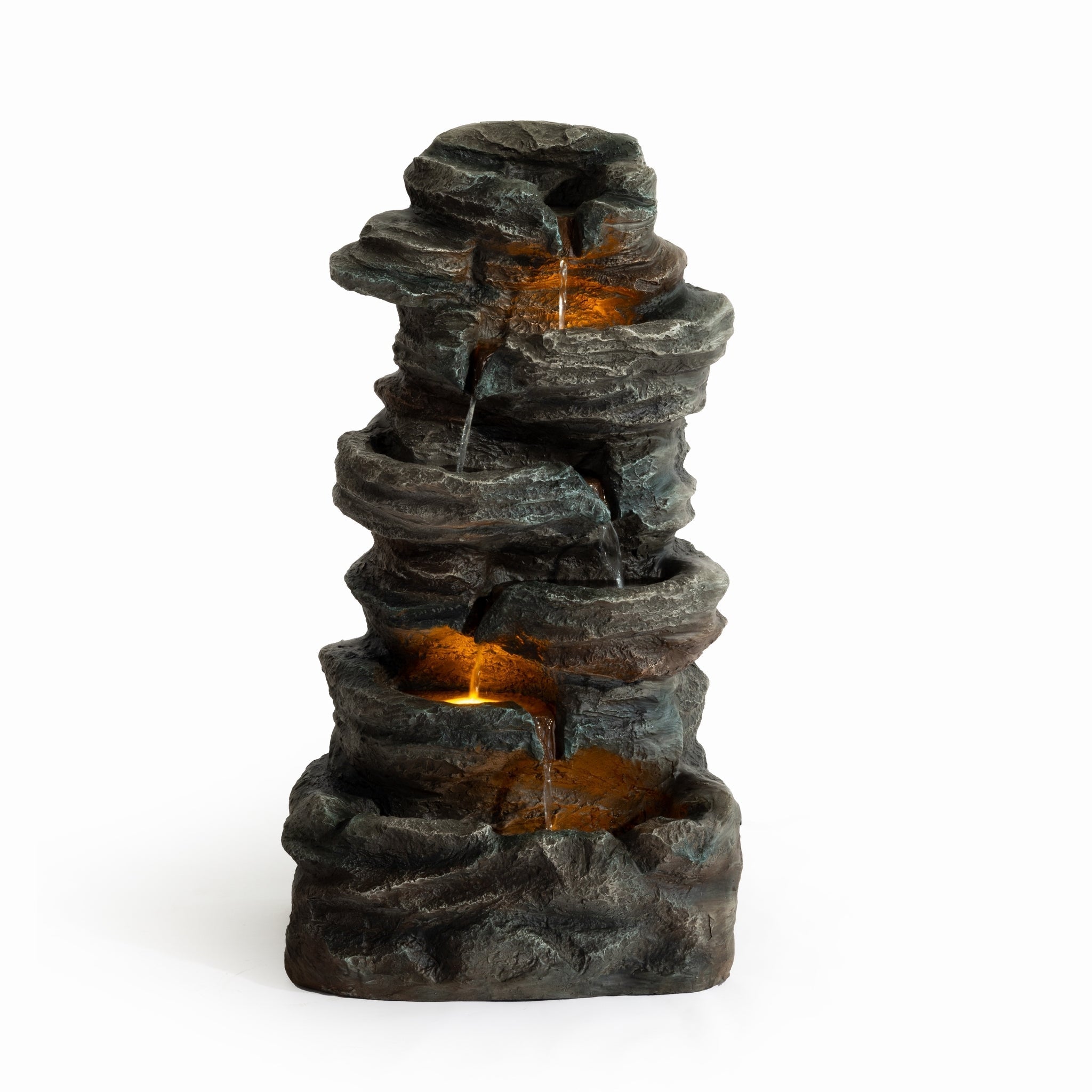 6-Tier Outdoor Cascading Stone Water Fountain with 3 LED Lights