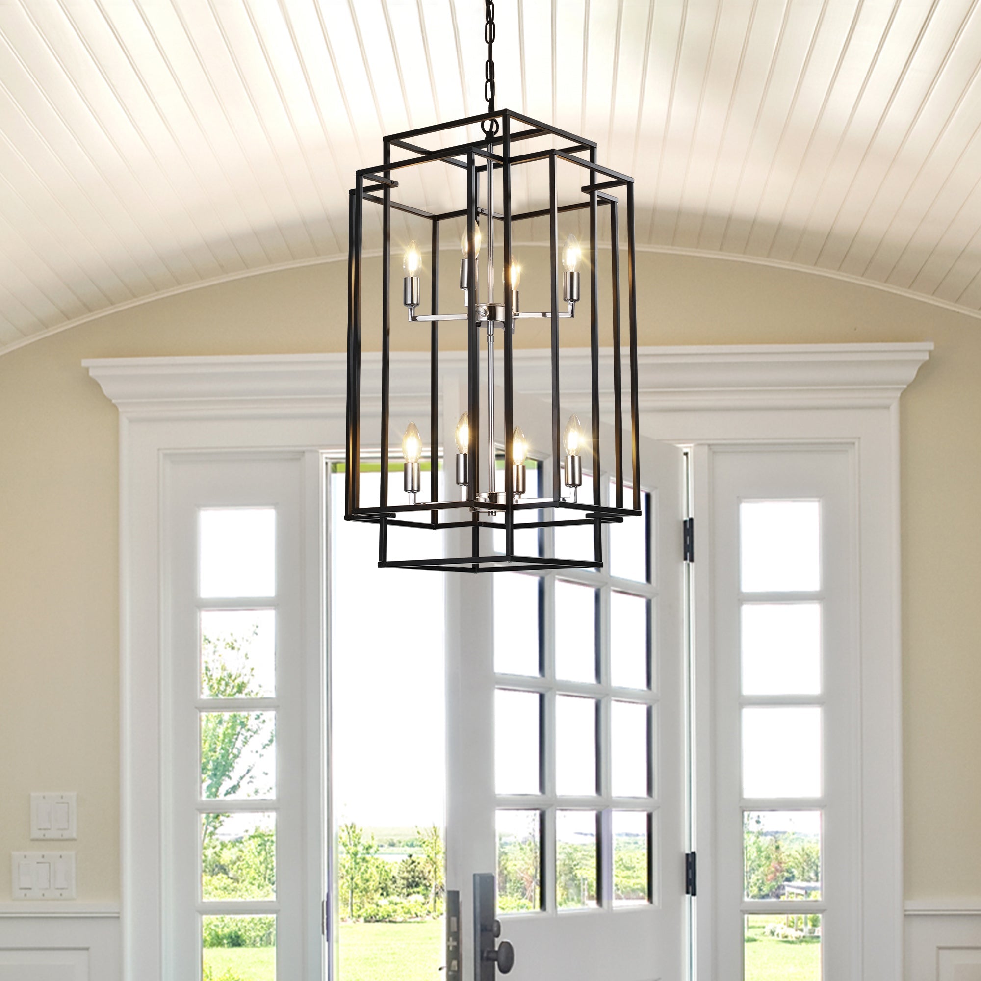 (Same as W1340142525/L1018-C) 18' Modern 8-Light Black & Chrome Geometric Pendant Chandelier, Industrial Metal Frame, Adjustable Hanging Light for Living Room, Dining Room, Kitchen (No Bulbs)