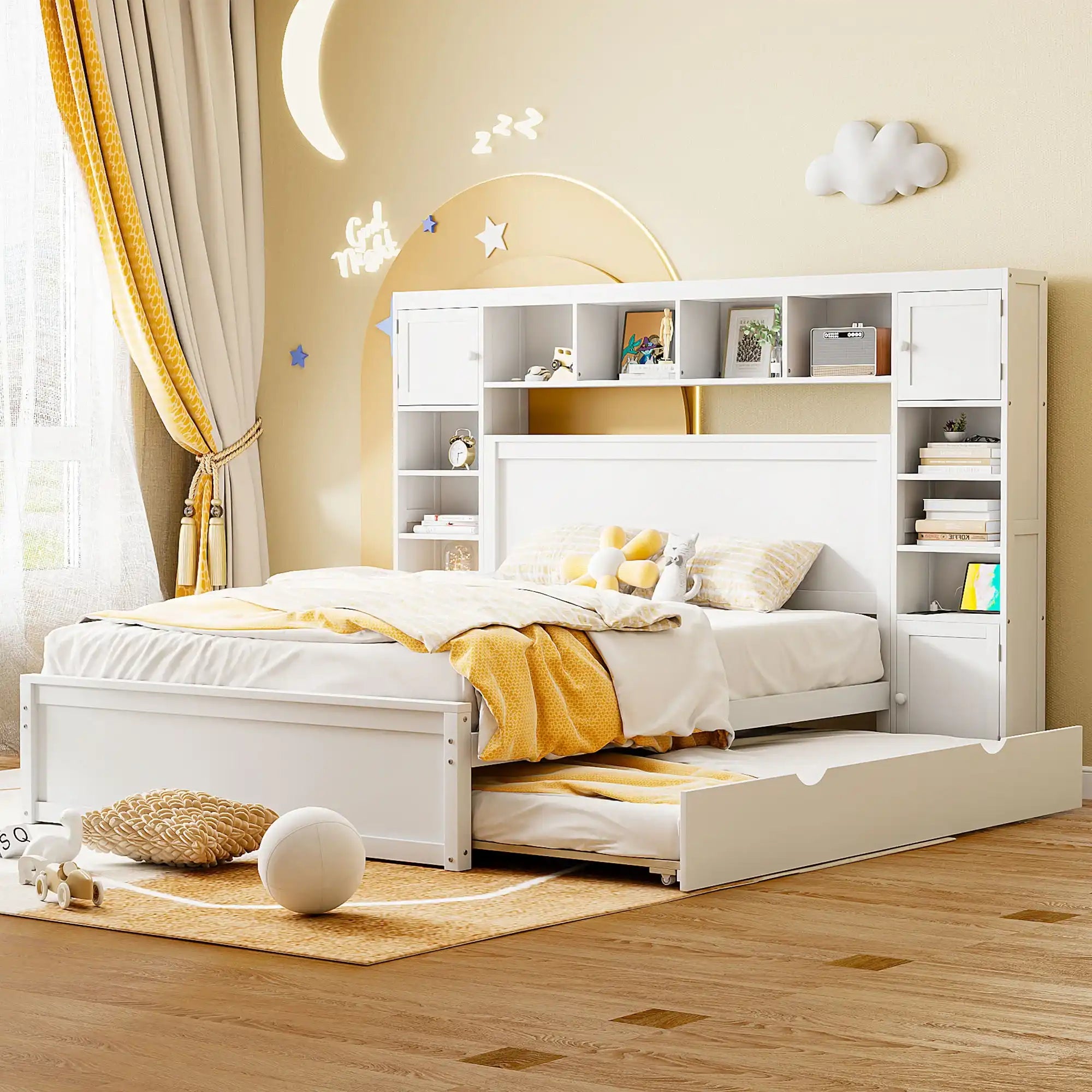 Daisy Queen Size Wooden Bed With All-in-One Cabinet, Shelf and Sockets,Twin XL Trundle