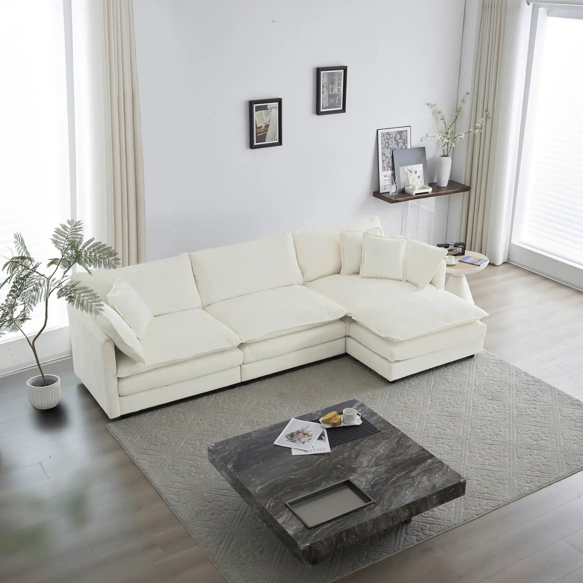 Combination Comfy Upholstery Modular Oversized L Shaped Sectional Sofa With Reversible Ottoman, White Chenille
