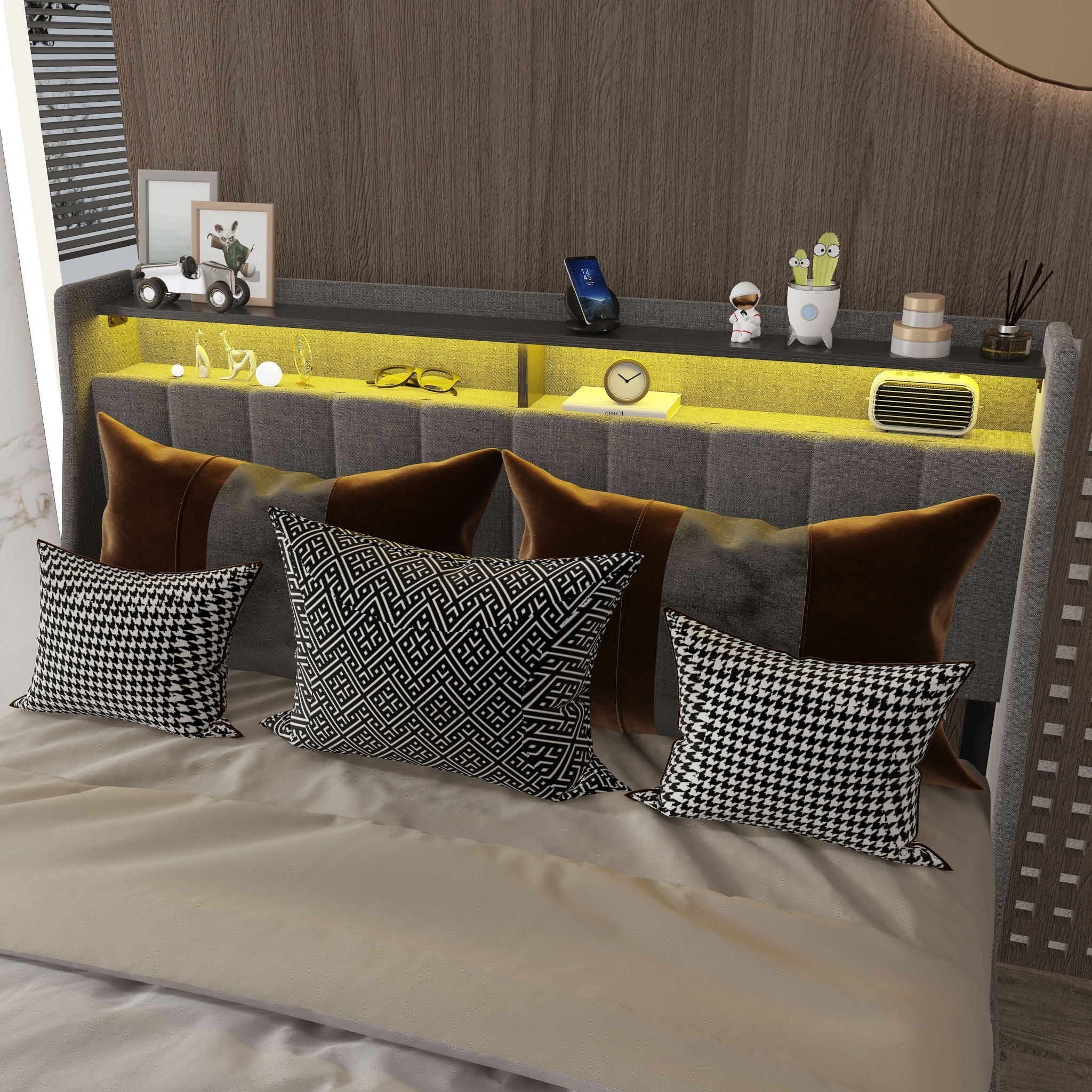 Bed With LED Lights, 4 Drawers, Winged Headboard Upholstered