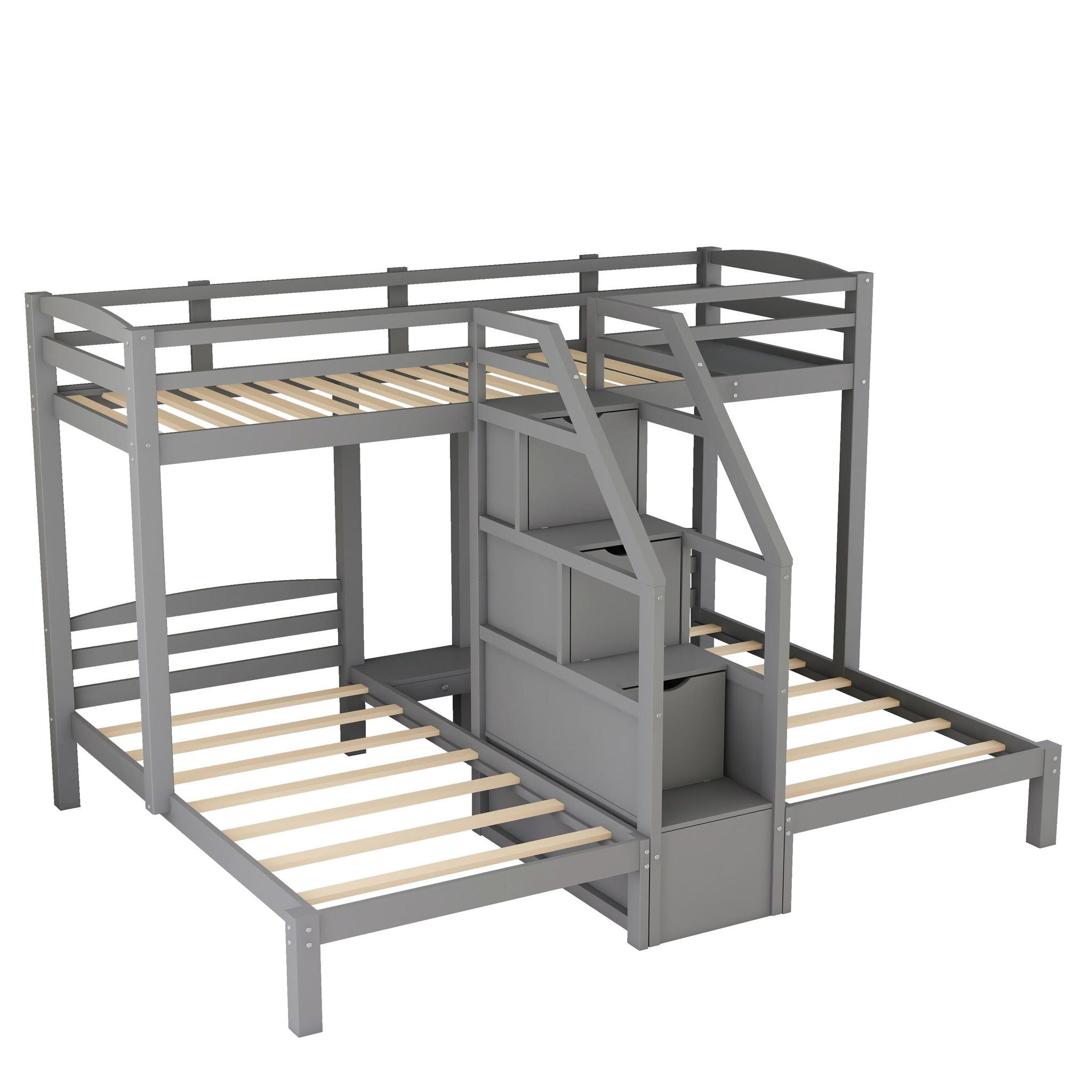 Twin Over Twin & Twin Bunk Bed With Built In Staircase And Storage Drawer - Gray